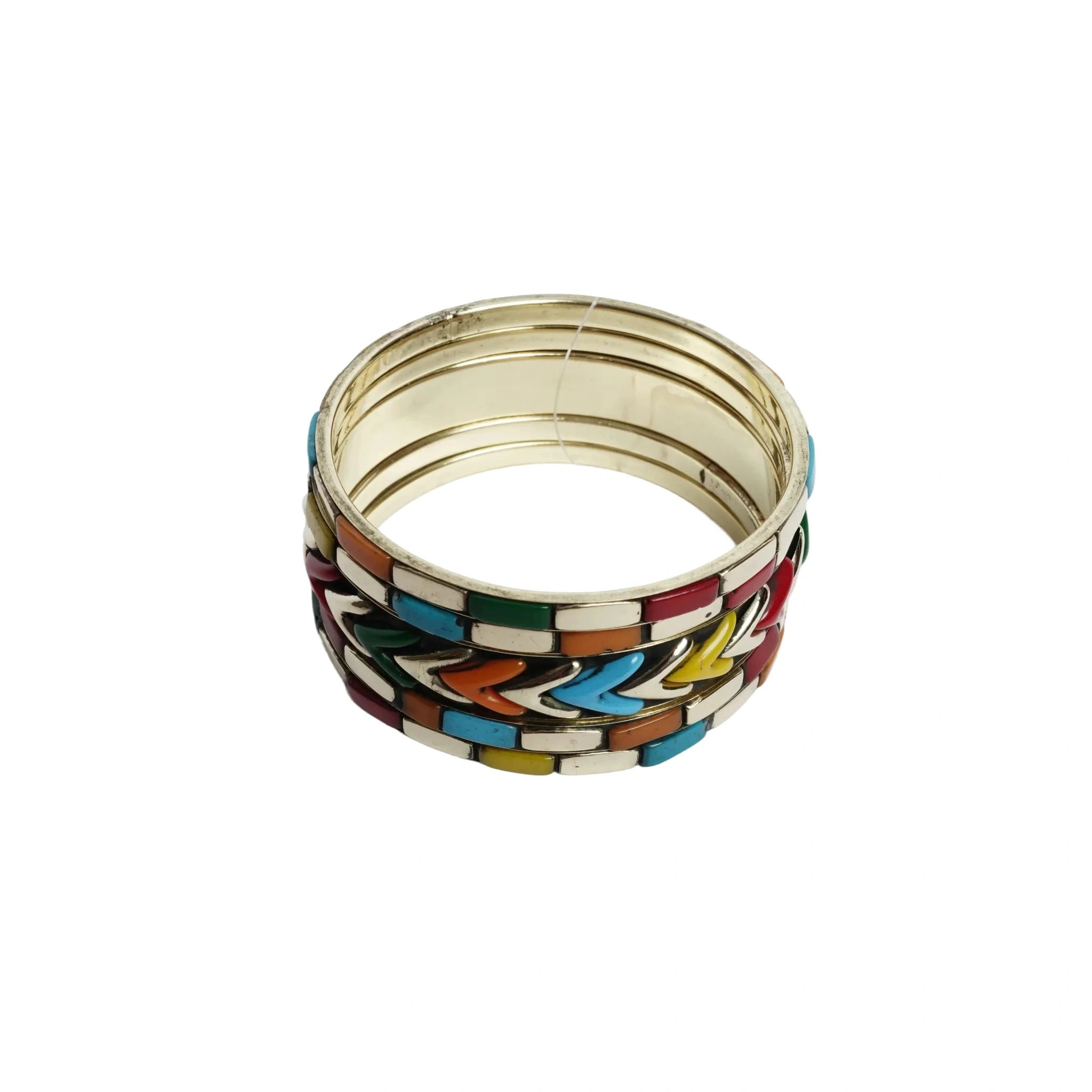Women's multicolor enamel chevron and tile pattern stackable bangle bracelet set silver tone boho fashion jewelry set