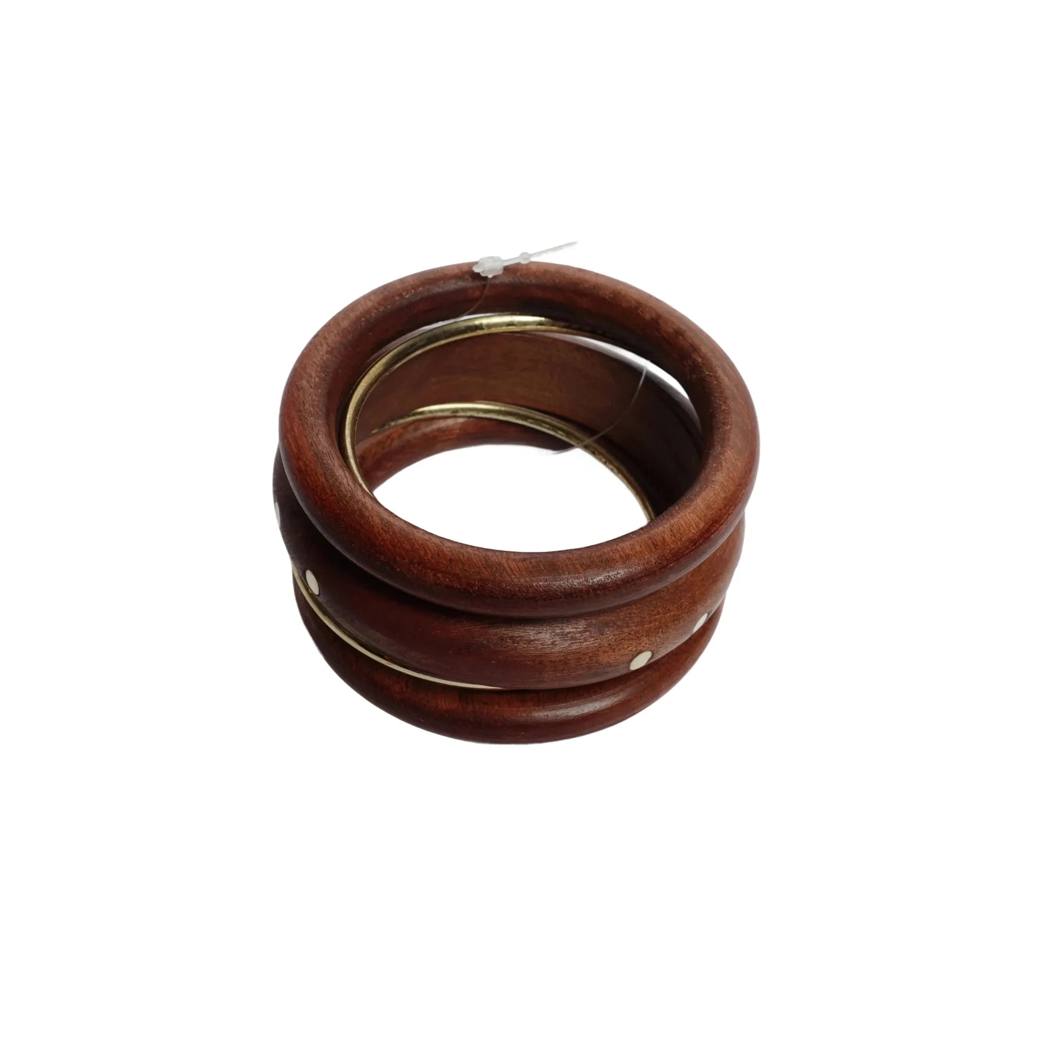 Handmade Wooden Bangle Bracelet Set for Women - Natural Dark Sheesham Wood & Brass Accents Bohemian Ethnic Jewelry, Set of 3 wooden kada & 2 brass chudi