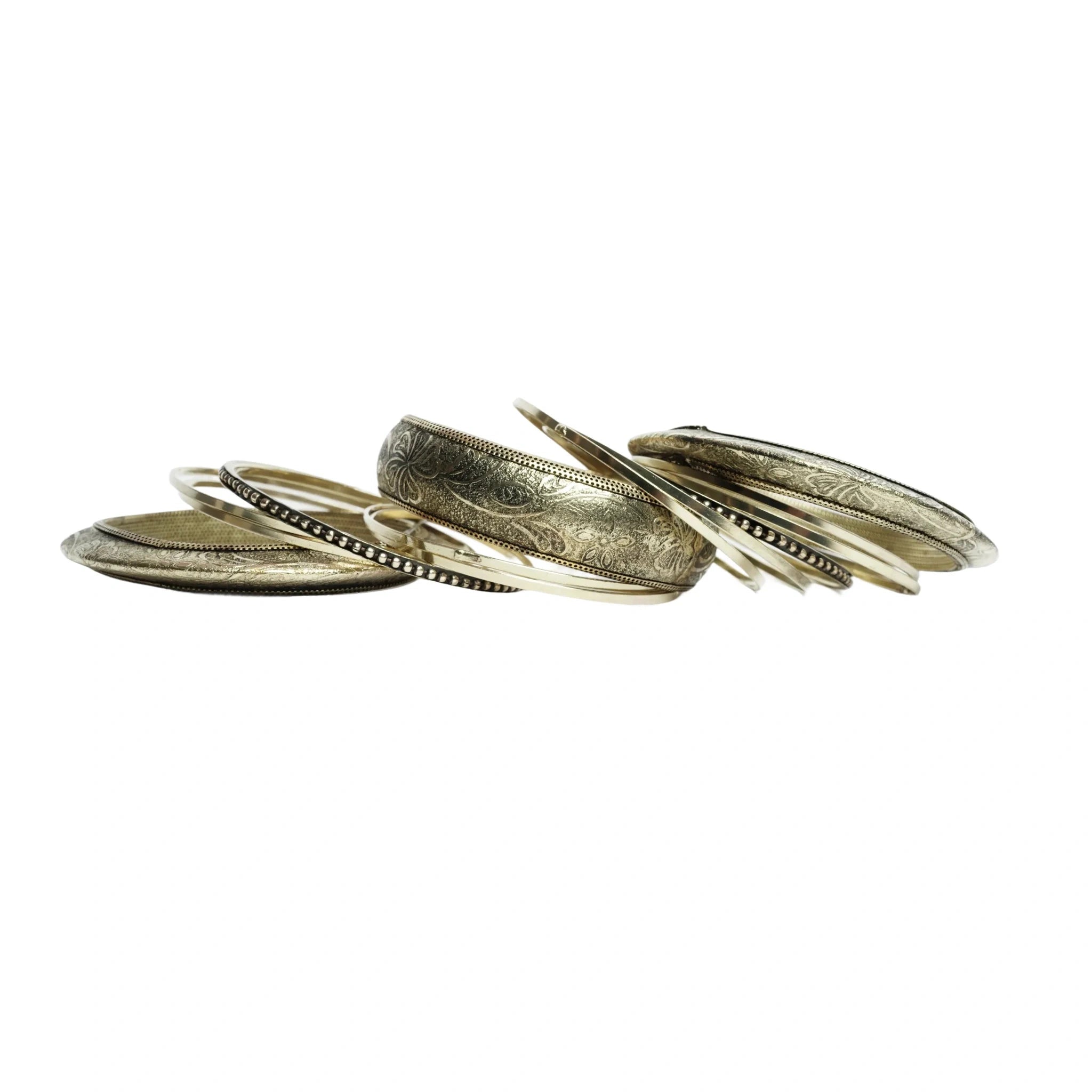 Gold-tone brass metal black oxide & wood burnished aztec boho bangle set for women & girls - 1 kada & 6 chudi, vintage engraved stackable ethnic jewellery