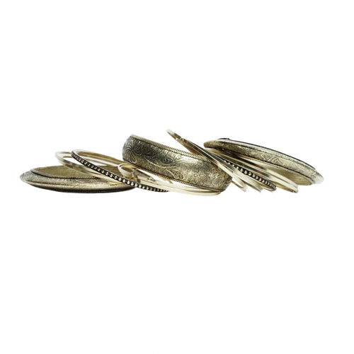 Gold-tone brass metal black oxide & wood burnished aztec boho bangle set for women & girls - 1 kada & 6 chudi, vintage engraved stackable ethnic jewellery