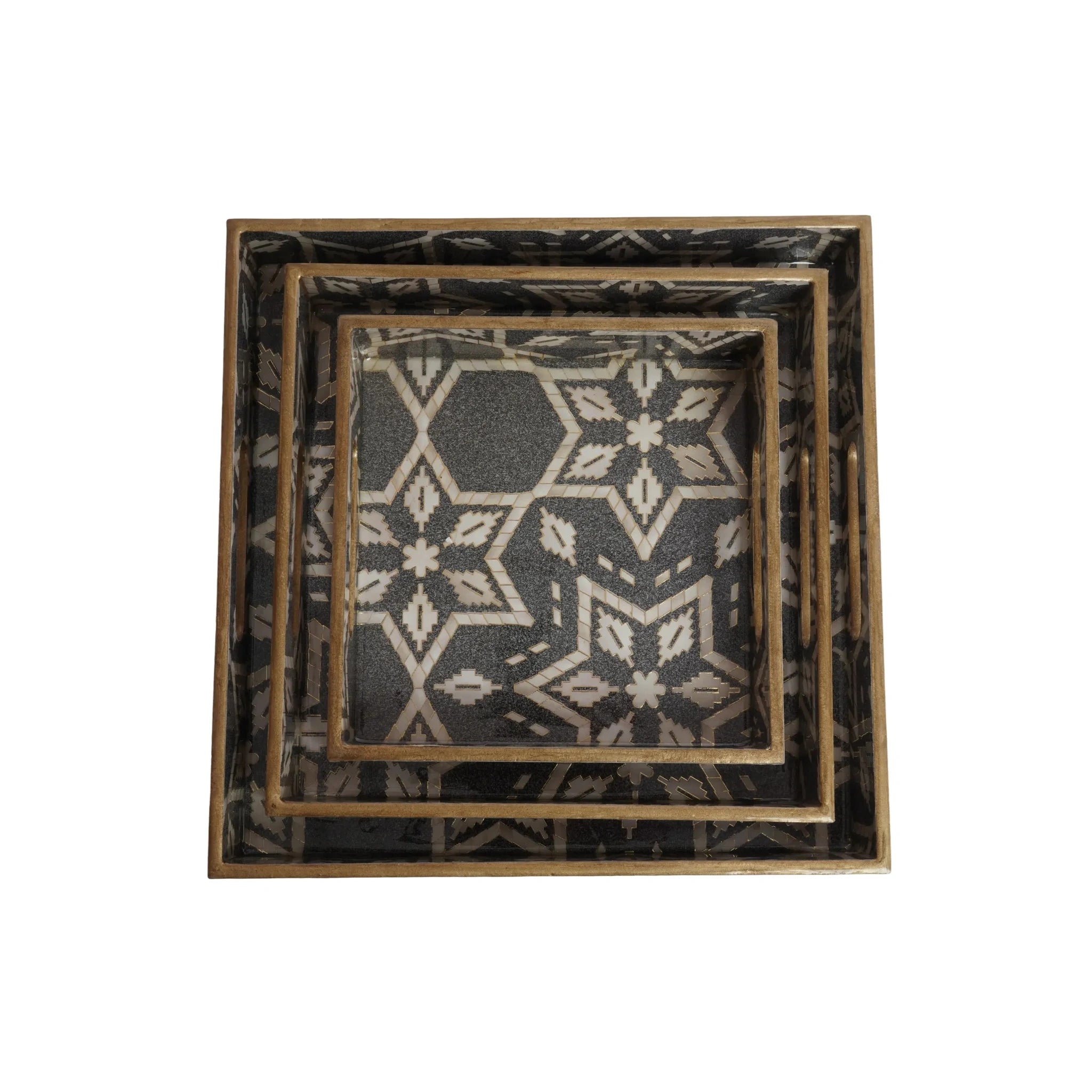 Wooden Geometric Star Pattern Serving Tray with Gold Engraving  Set of 3 - ( Square)