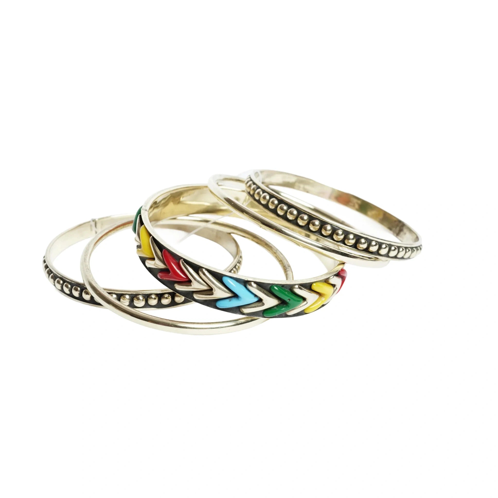 Women's multicolor enamel bead and dot embossed stackable bangle bracelet set silver tone oxidized boho ethnic fashion jewelry set