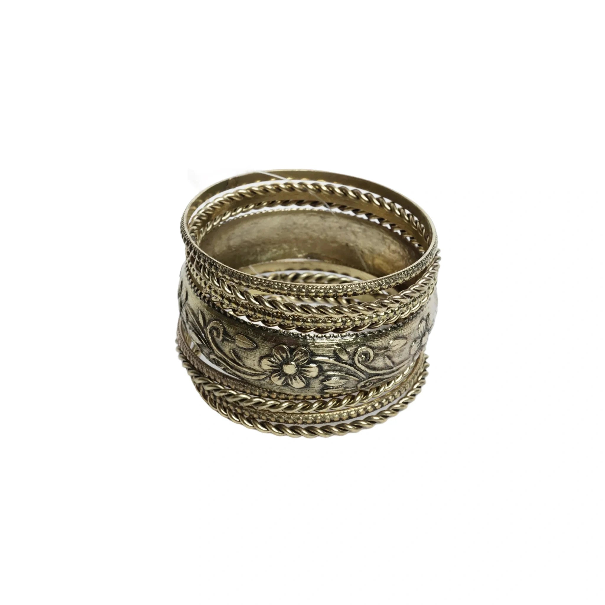 Gold-tone brass metal black oxide & wood burnished aztec boho bangle set for women & girls - 1 kada & 6 chudi, vintage engraved stackable ethnic jewellery