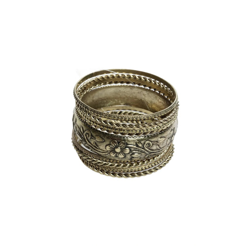 Gold-tone brass metal black oxide & wood burnished aztec boho bangle set for women & girls - 1 kada & 6 chudi, vintage engraved stackable ethnic jewellery