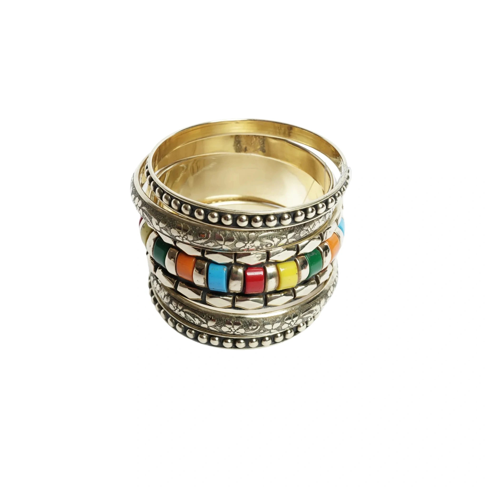 Vintage multicolor inlaid bangles bracelet set for women - handicraft metal resin & brass bracelet 1 kada & 4 chudi, traditional indian bohemian fashion jewellery, pack of 5