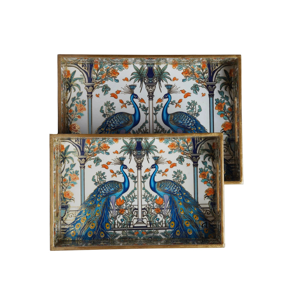 Wooden Royal Blue Peocoke Serving Tray Set of 2 with Gold Engraving  (Rectangle)
