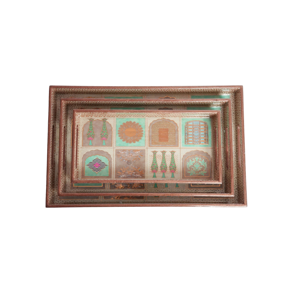 Wooden Mughal Rajasthani Miniature Art Serving  Tray  Set of 3 with Gold Engraving (Rectangle)