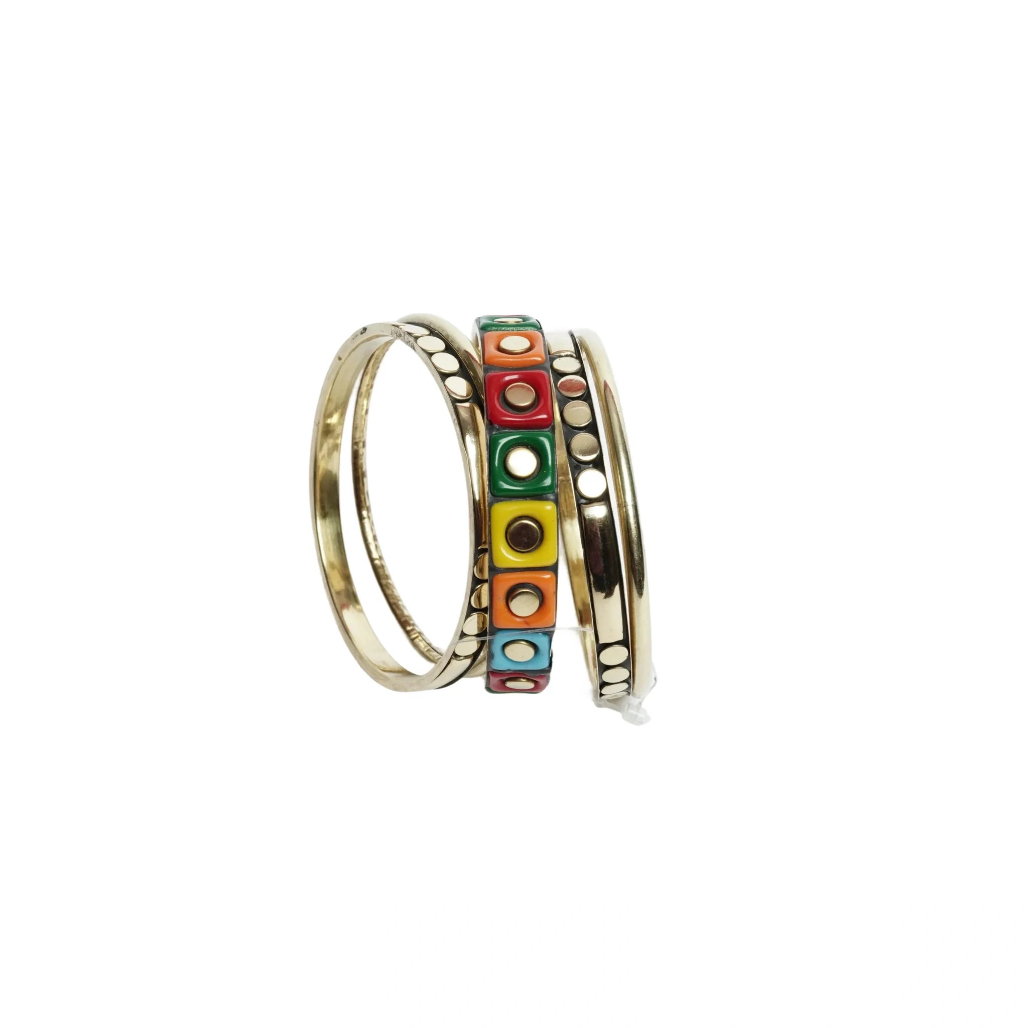 Vintage multicolor inlaid bangles bracelet set for women - handicraft metal resin & brass bracelet 1 kada & 4 chudi, traditional indian bohemian fashion jewellery, pack of 5