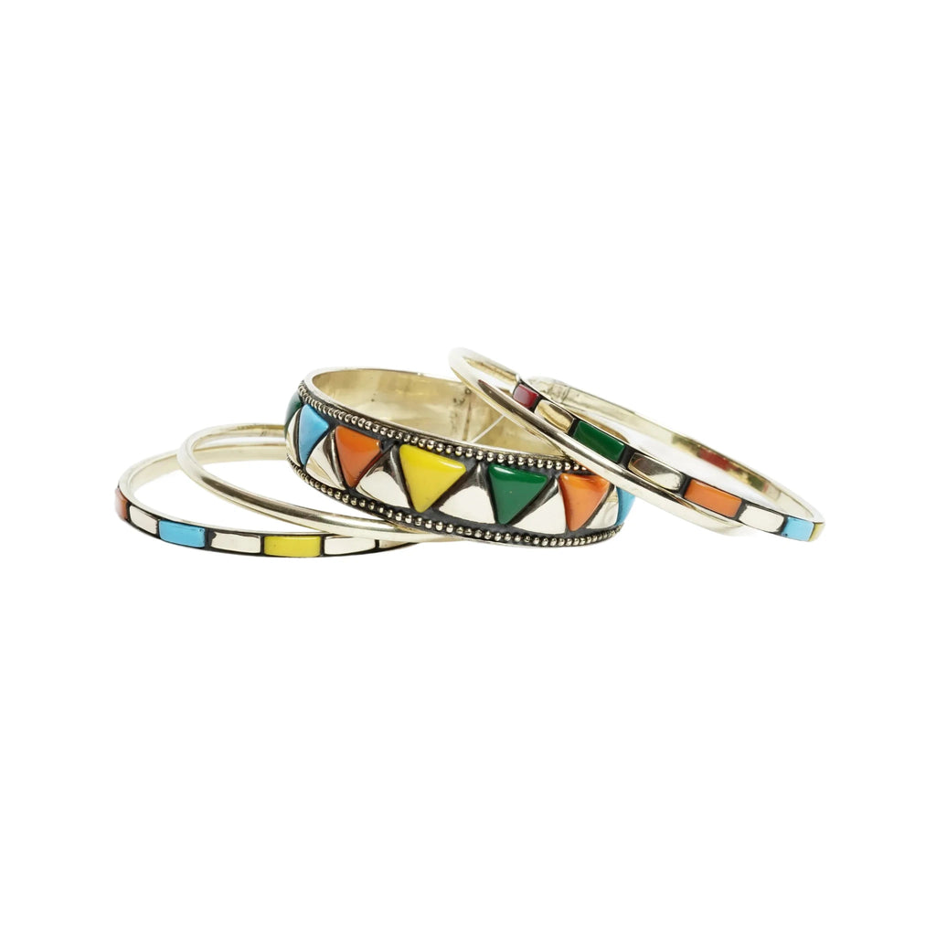 Multicolor Enamel Herringbone Pattern Bangle Bracelet Set Gold Tone Stackable Bangles for Women