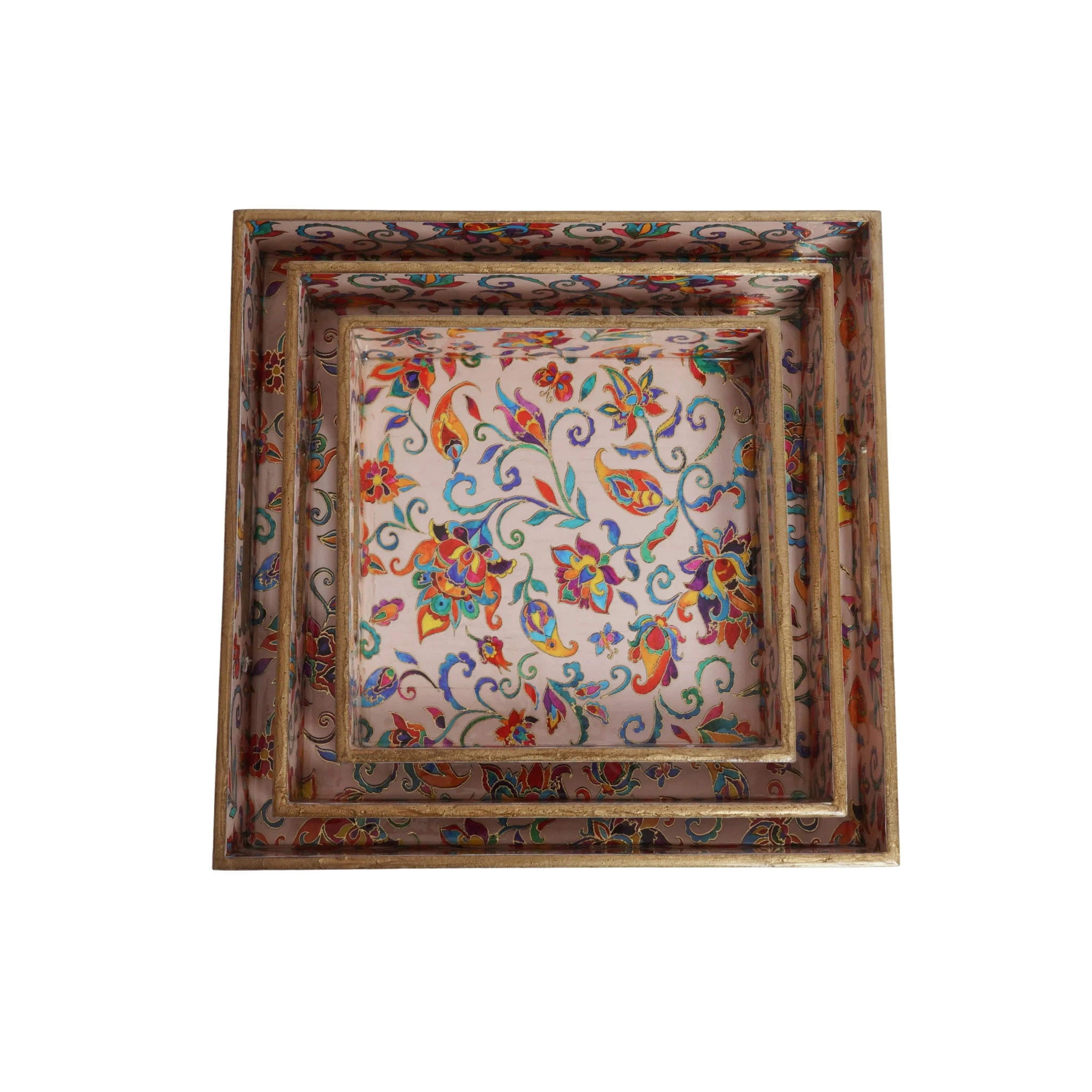 Wooden Kalamkari Floral Serving Tray  Set of 3  (Rectangle)