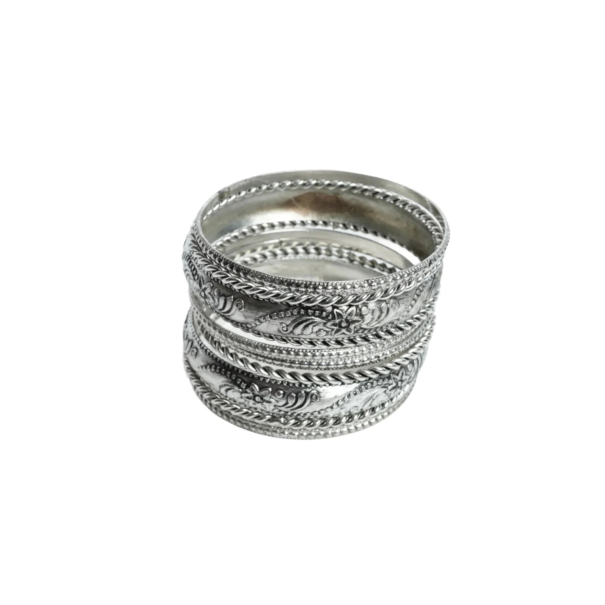Women's oxidized silver tone floral engraved and rope twist stackable bangle bracelet set ethnic boho antique style fashion jewelry set of 8 pieces