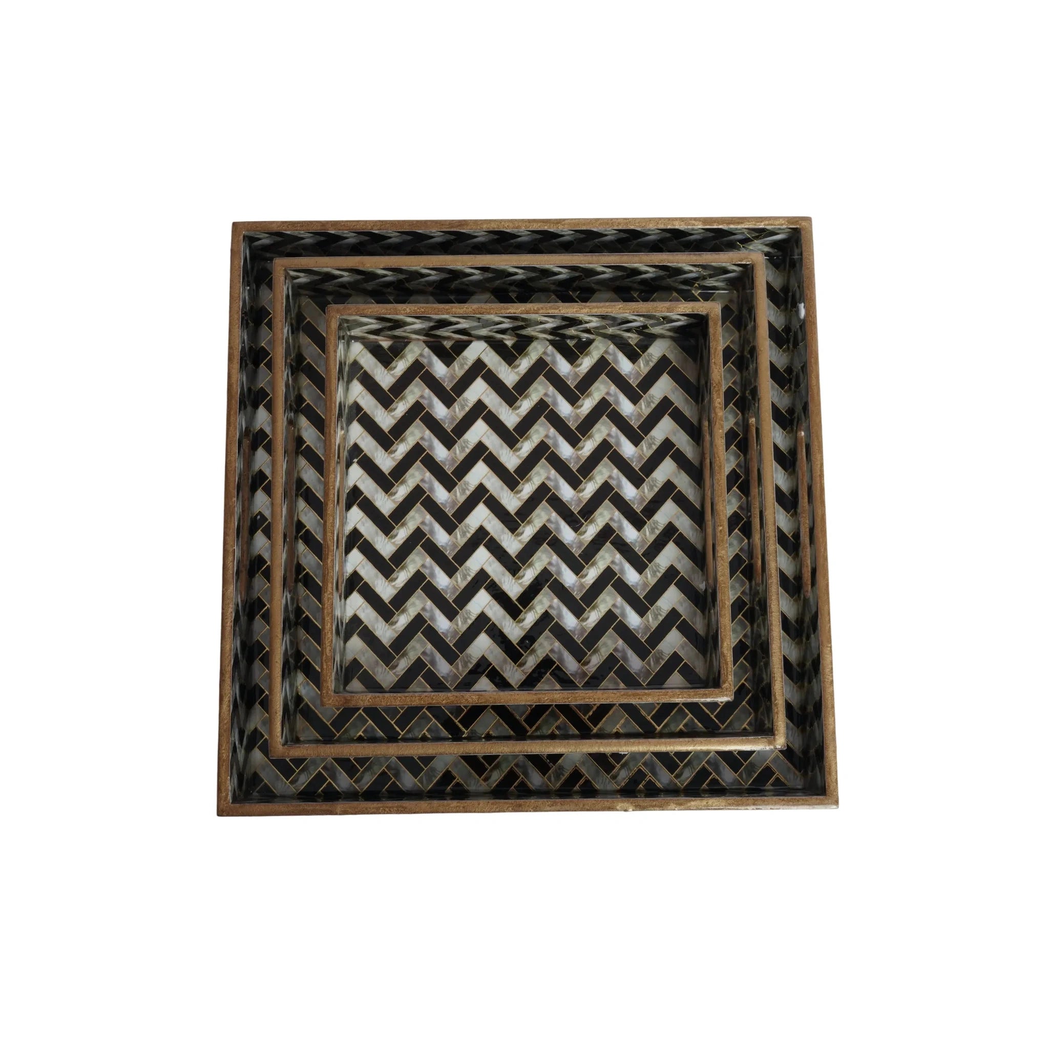 Wooden Zig-Zag V Shape Serving Tray with Gold Engraving | Set of 3 - (Square)