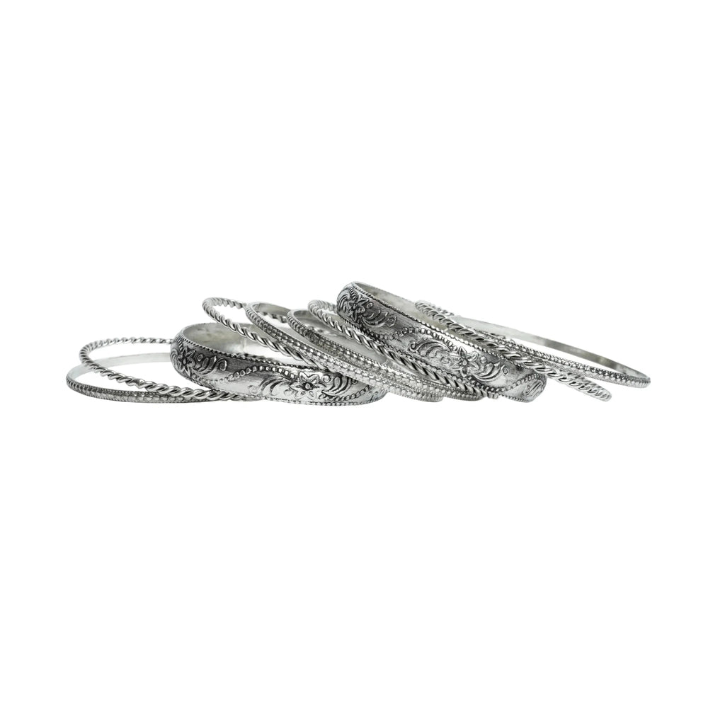 Women's oxidized silver tone floral engraved and rope twist stackable bangle bracelet set ethnic boho antique style fashion jewelry set of 8 pieces