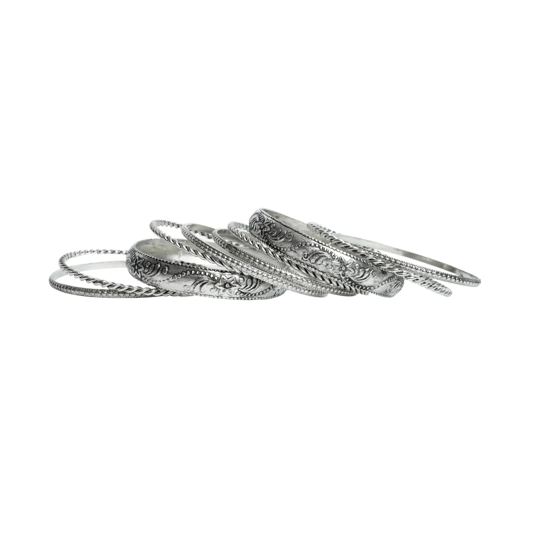 Women's oxidized silver tone floral engraved and rope twist stackable bangle bracelet set ethnic boho antique style fashion jewelry set of 8 pieces