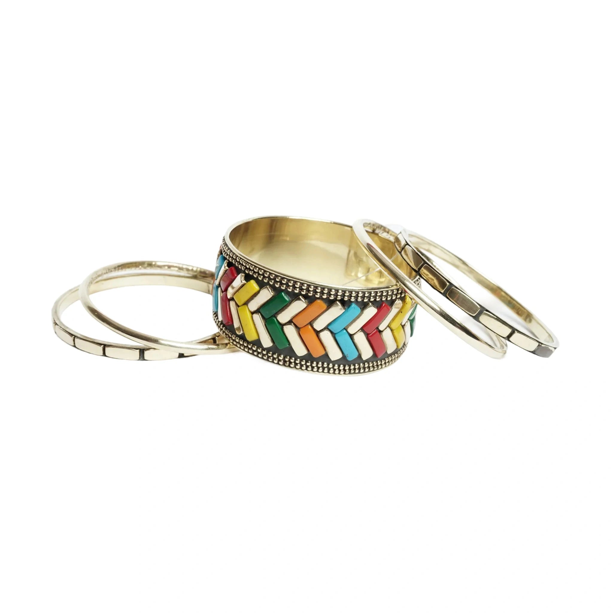 Multicolor Enamel Triangle Pattern Bangle Bracelet Set Gold Tone Stackable Bangles for Women Set
