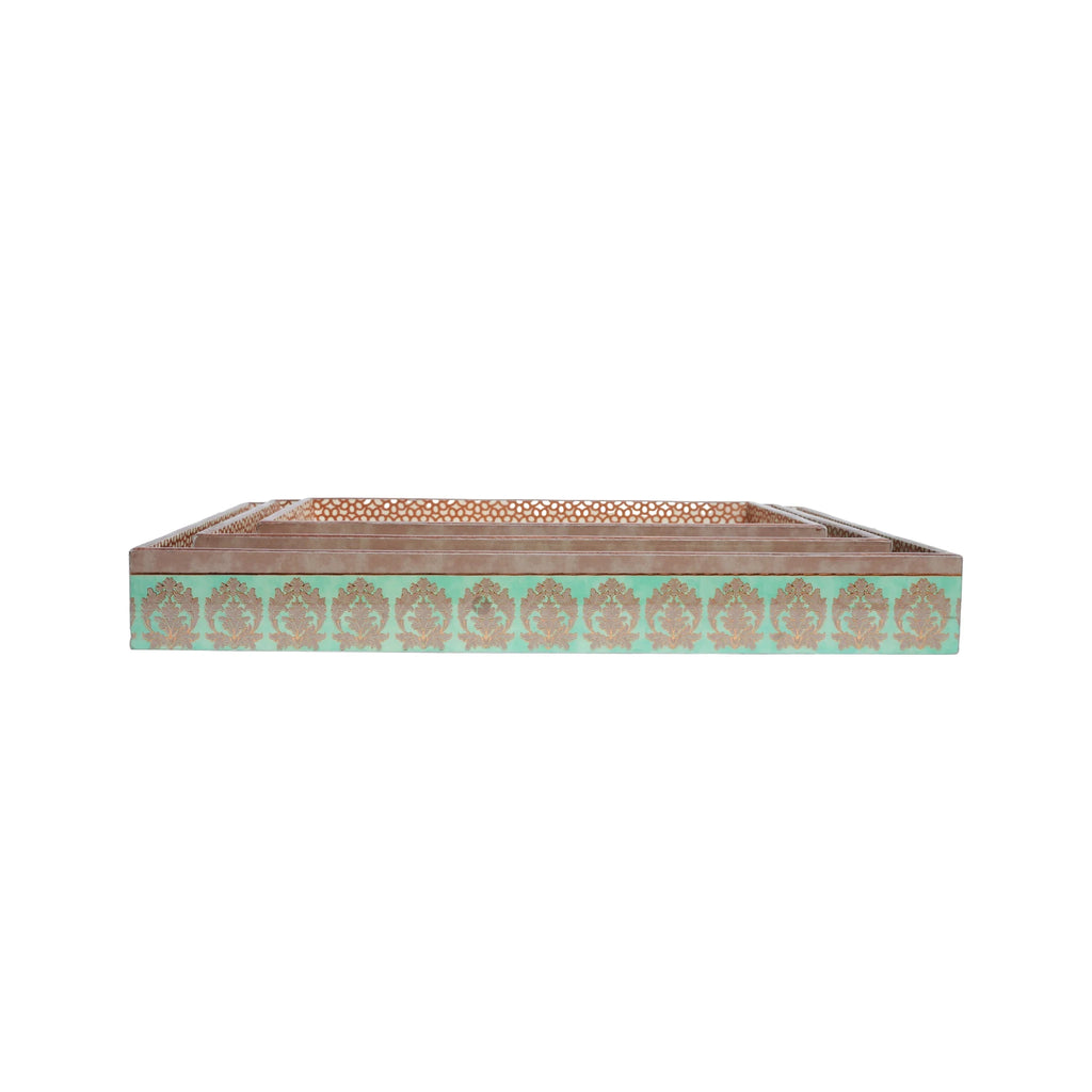 Wooden Mughal Rajasthani Miniature Art Serving  Tray  Set of 3 with Gold Engraving (Rectangle)
