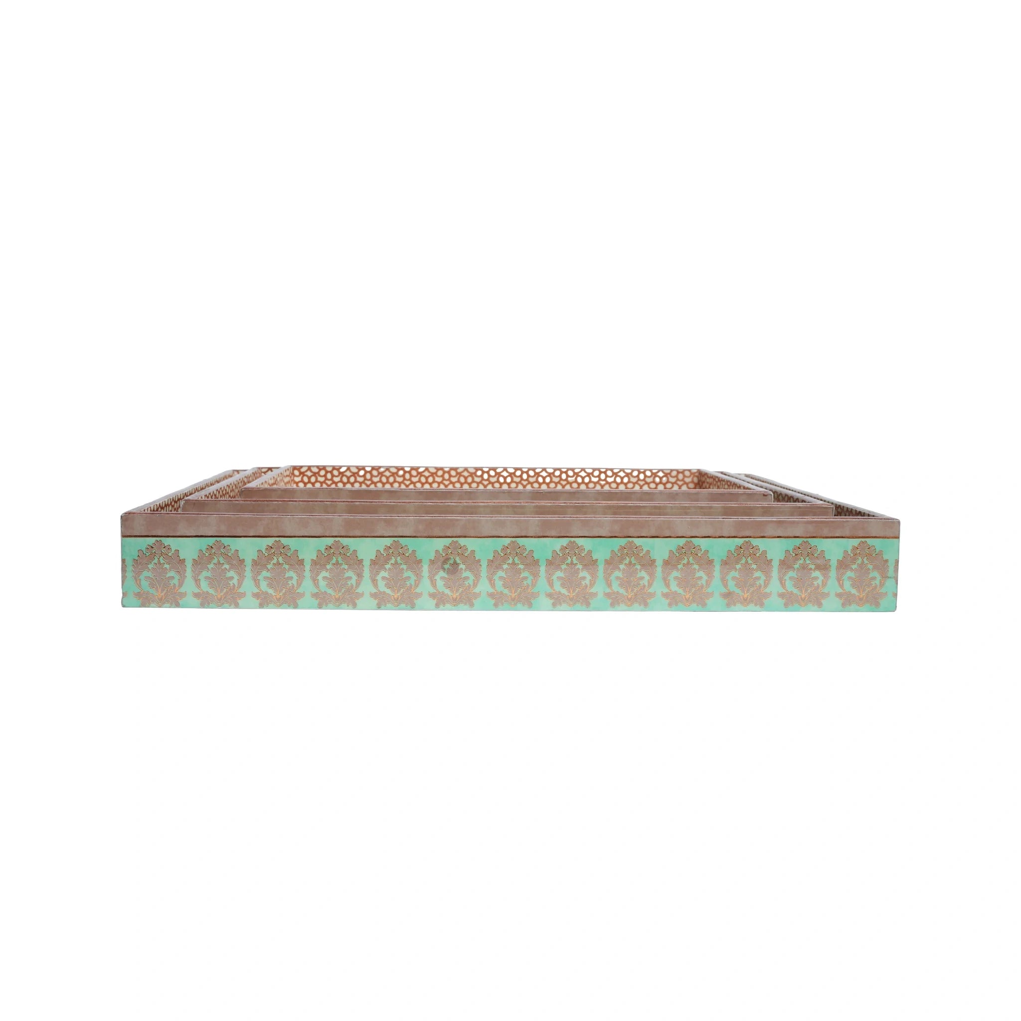 Wooden Mughal Rajasthani Miniature Art Serving  Tray  Set of 3 with Gold Engraving (Rectangle)