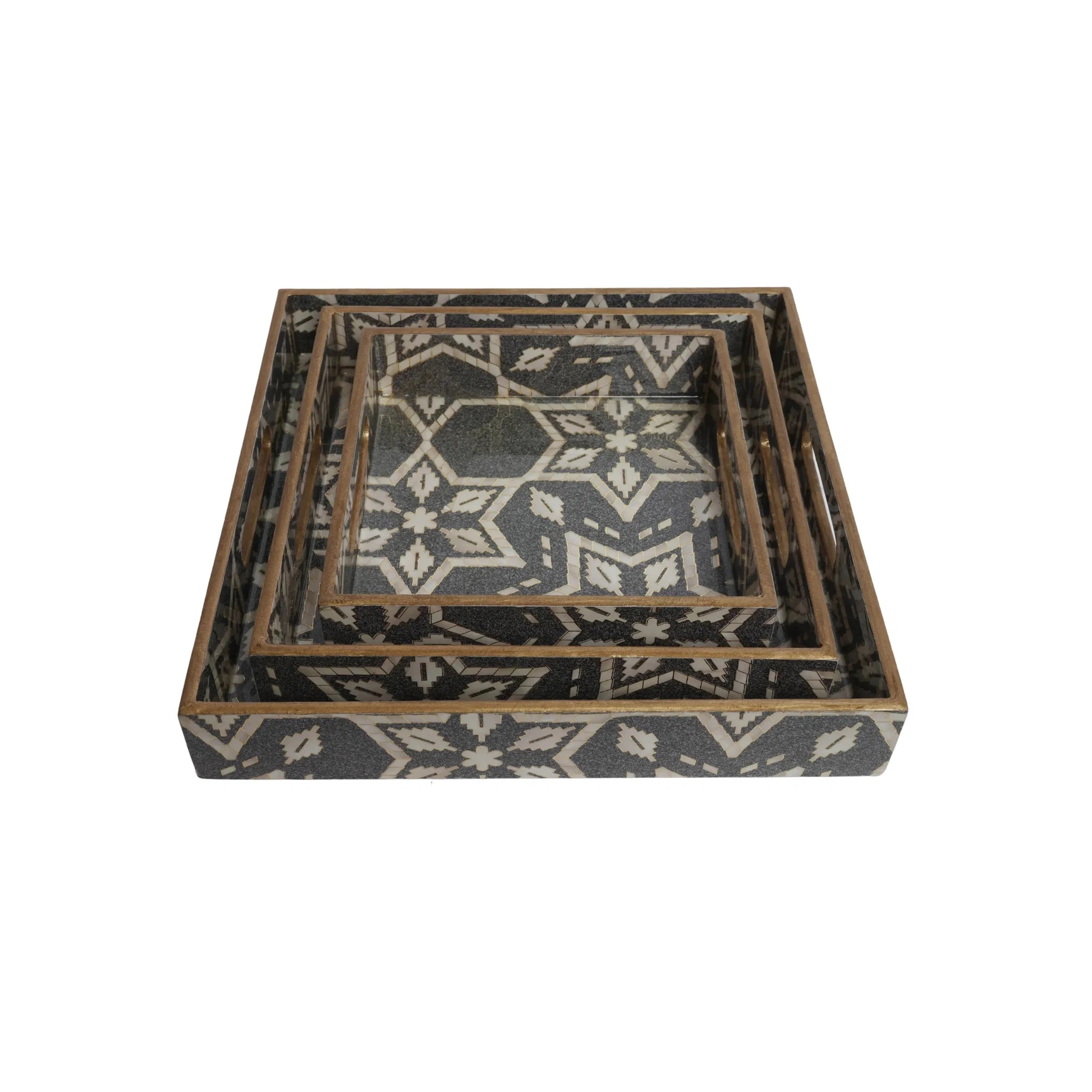 Wooden Geometric Star Pattern Serving Tray with Gold Engraving  Set of 3 - ( Square)