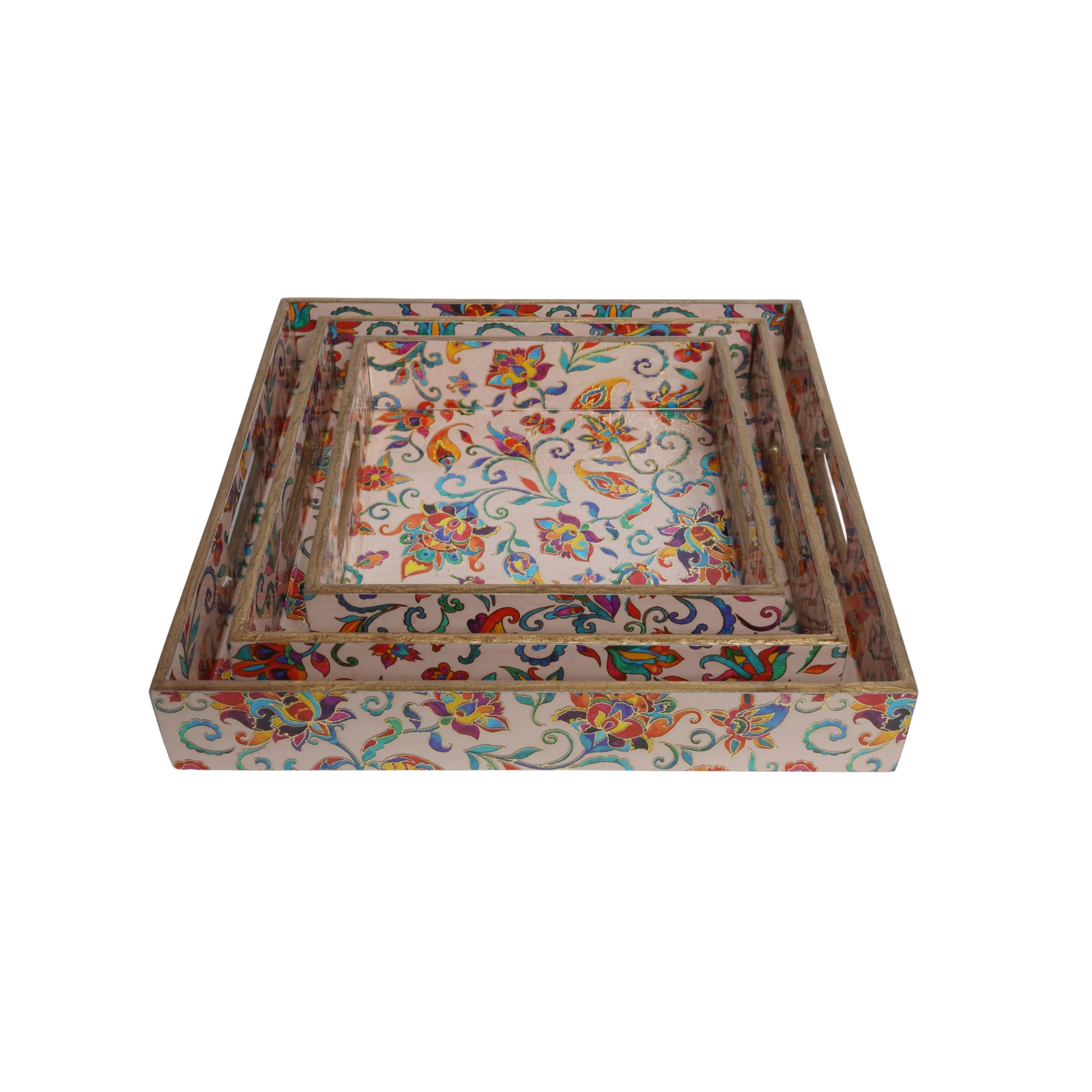Wooden Kalamkari Floral Serving Tray  Set of 3  (Rectangle)