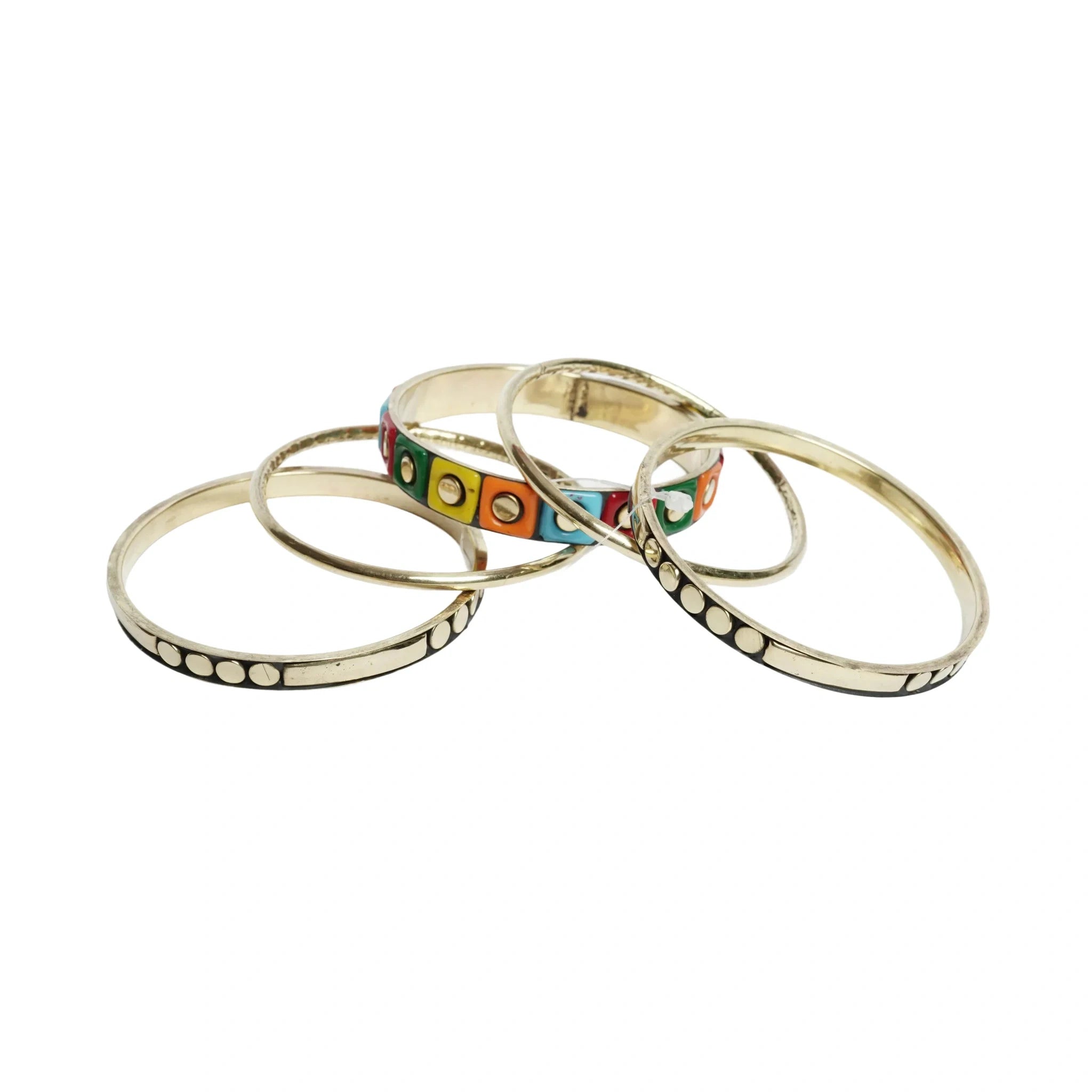 Vintage multicolor inlaid bangles bracelet set for women - handicraft metal resin & brass bracelet 1 kada & 4 chudi, traditional indian bohemian fashion jewellery, pack of 5