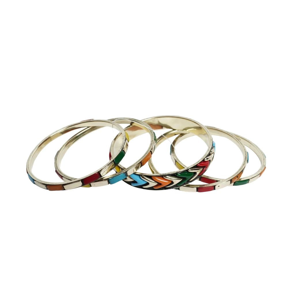 Women's multicolor enamel chevron and tile pattern stackable bangle bracelet set silver tone boho fashion jewelry set