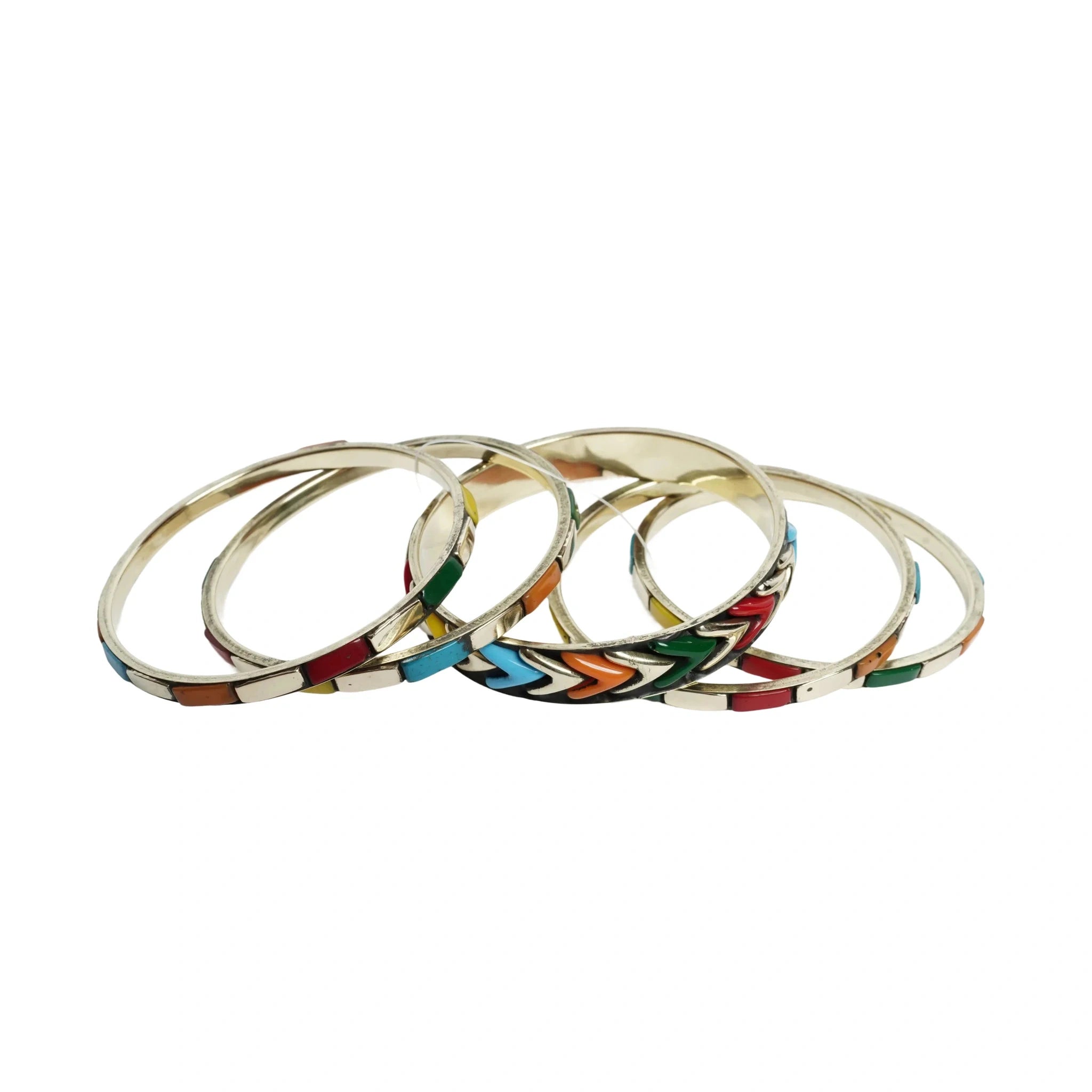 Women's multicolor enamel chevron and tile pattern stackable bangle bracelet set silver tone boho fashion jewelry set
