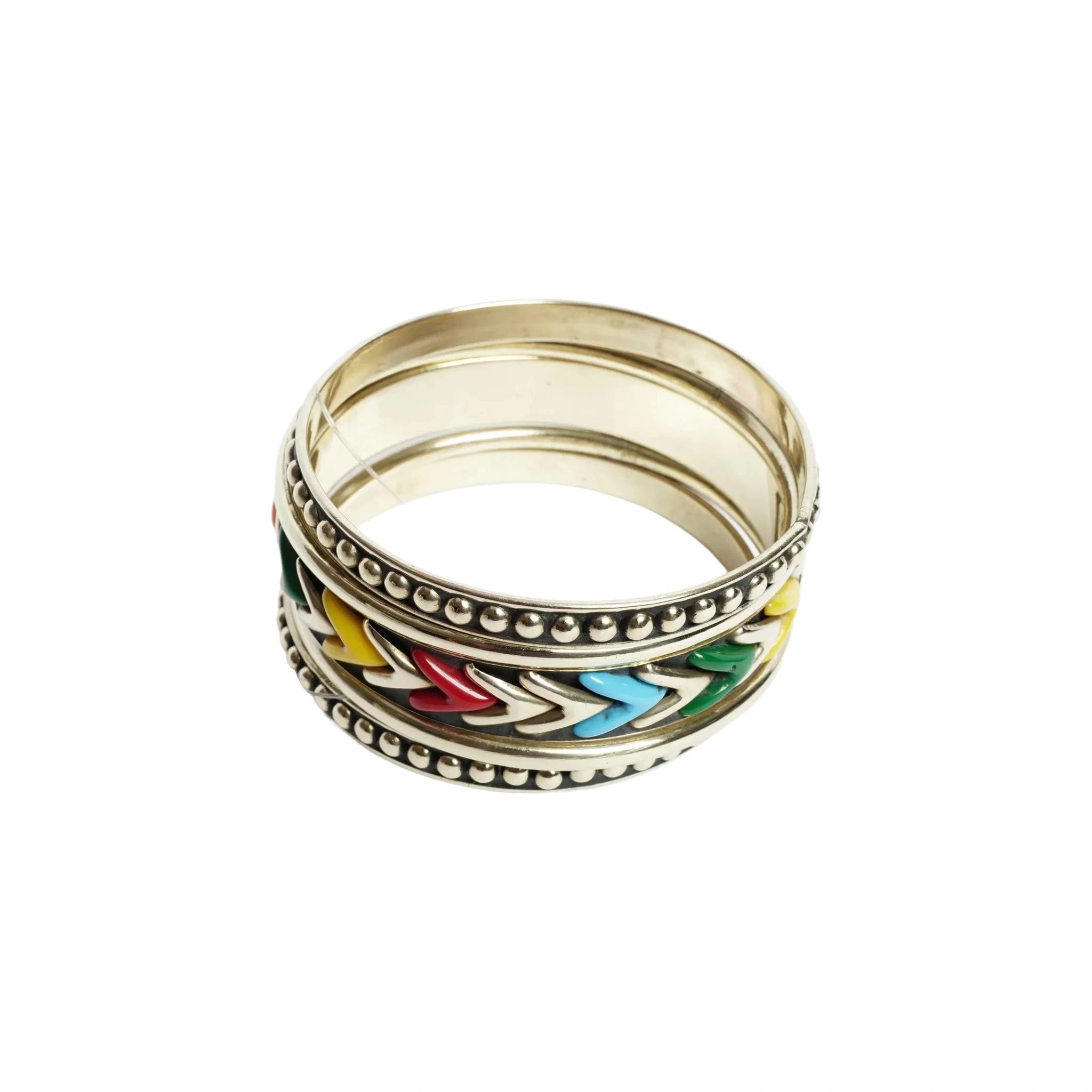 Women's multicolor enamel bead and dot embossed stackable bangle bracelet set silver tone oxidized boho ethnic fashion jewelry set