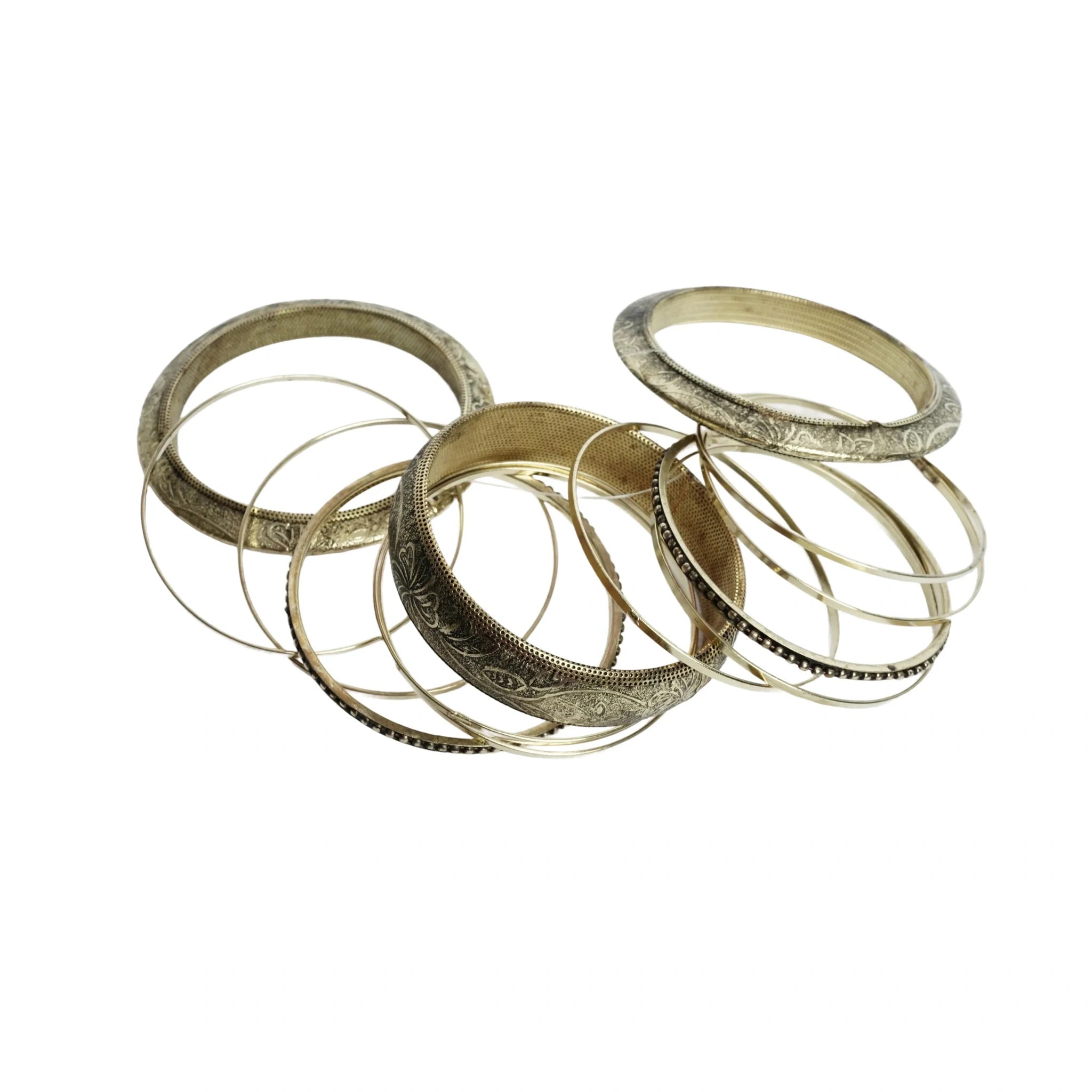 Gold-tone brass metal black oxide & wood burnished aztec boho bangle set for women & girls - 1 kada & 6 chudi, vintage engraved stackable ethnic jewellery