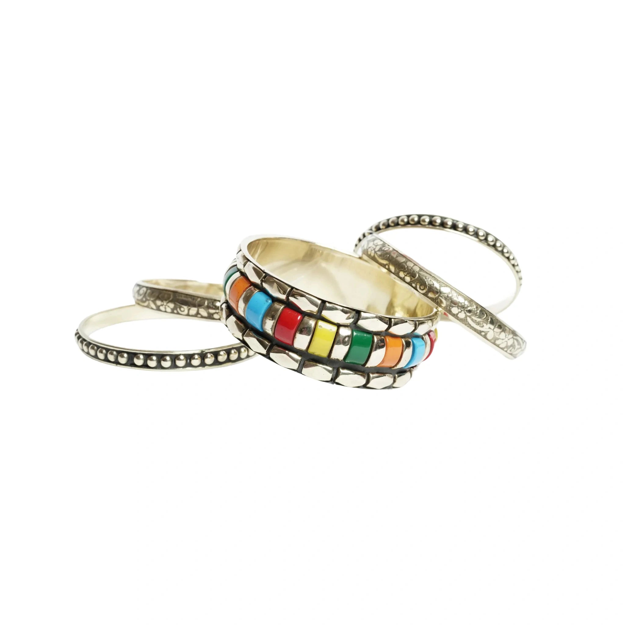 Vintage multicolor inlaid bangles bracelet set for women - handicraft metal resin & brass bracelet 1 kada & 4 chudi, traditional indian bohemian fashion jewellery, pack of 5