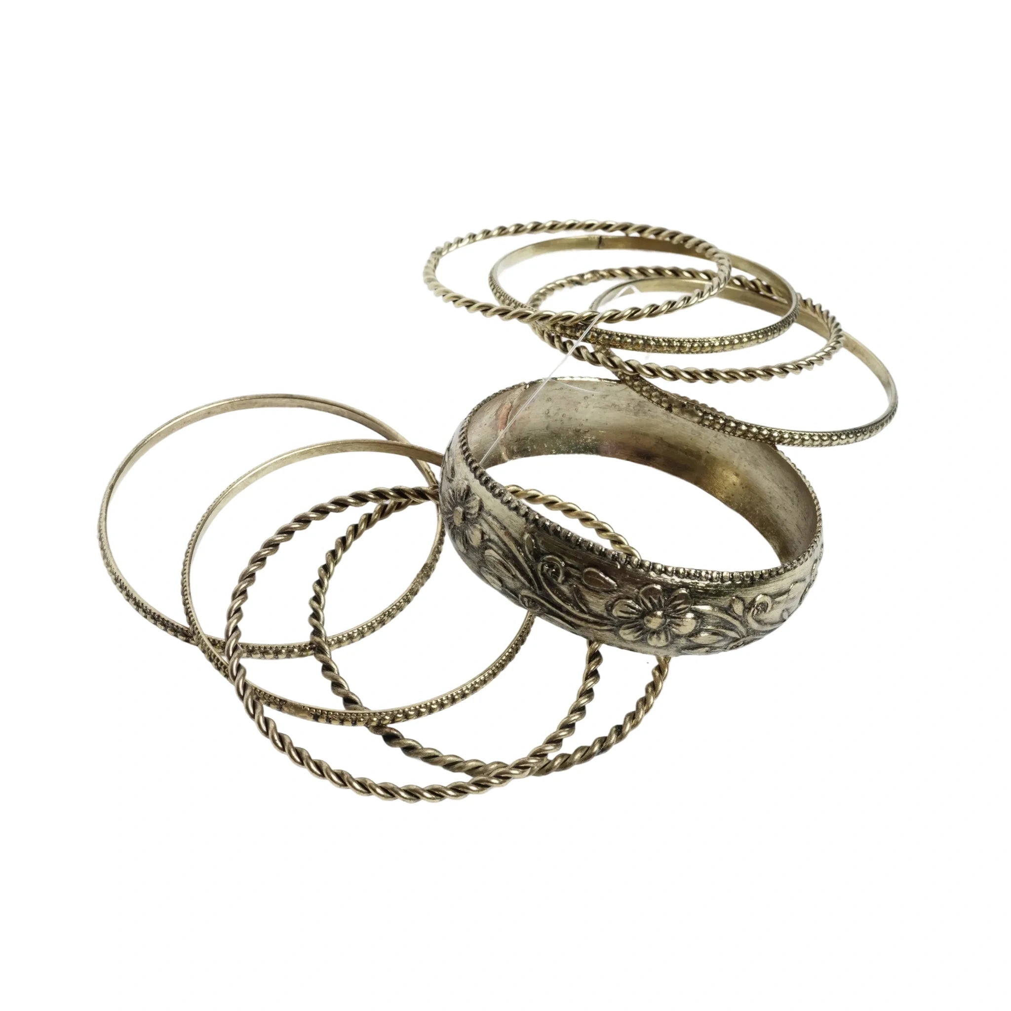 Gold-tone brass metal black oxide & wood burnished aztec boho bangle set for women & girls - 1 kada & 6 chudi, vintage engraved stackable ethnic jewellery