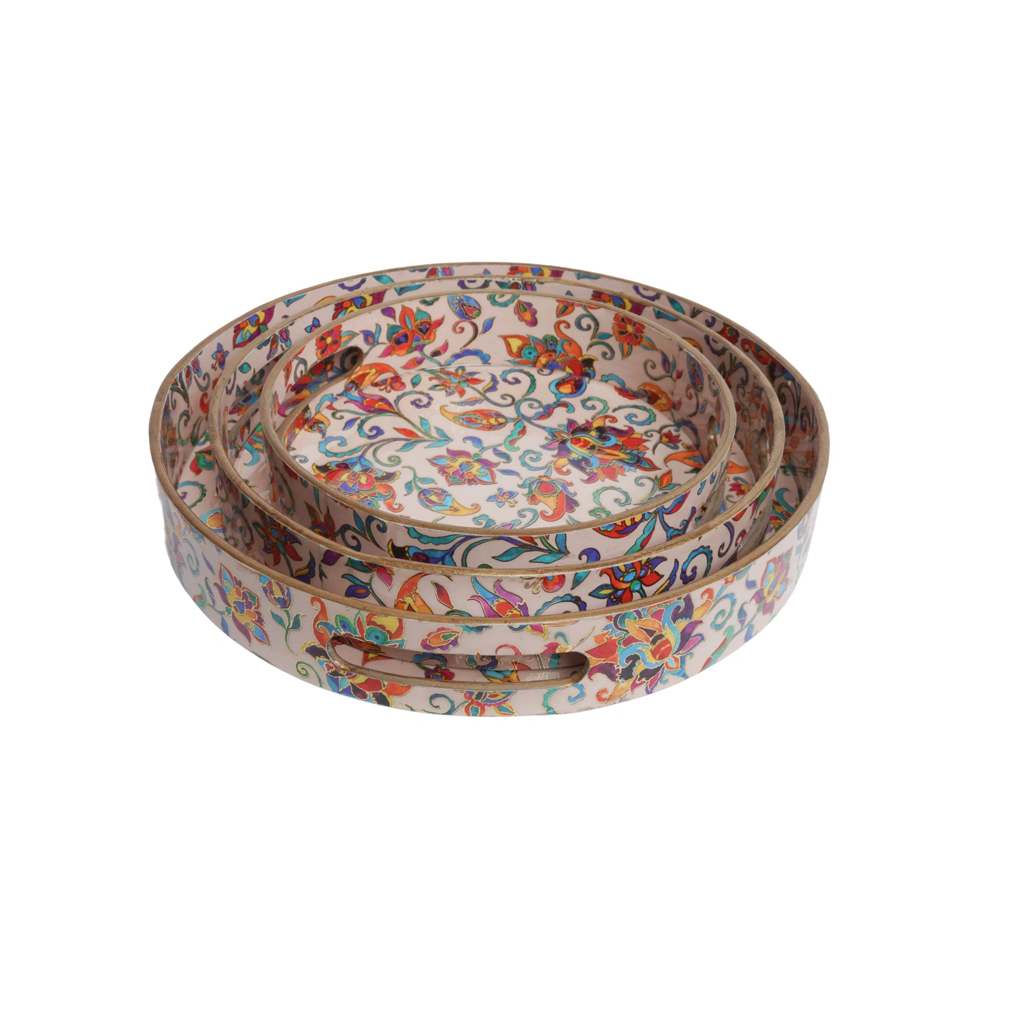Wooden Kalamkari Floral Serving Tray  Set of 3 + Square Coaster Set of 6  with Holder
