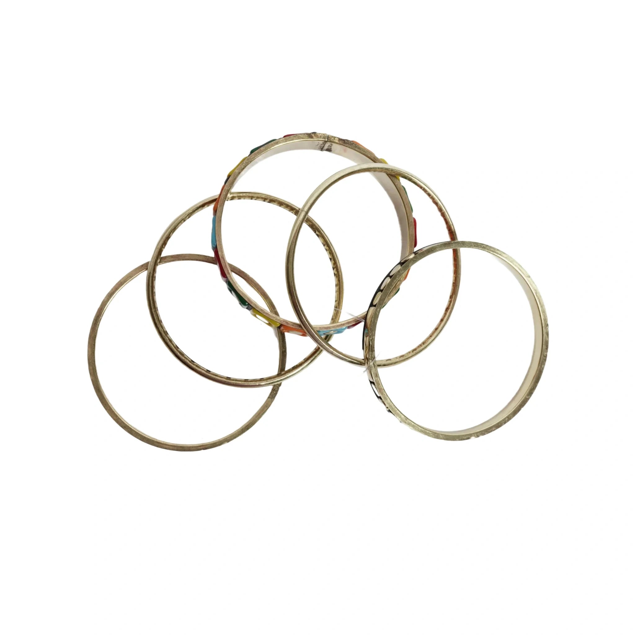 Vintage multicolor inlaid bangles bracelet set for women - handicraft metal resin & brass bracelet 1 kada & 4 chudi, traditional indian bohemian fashion jewellery, pack of 5