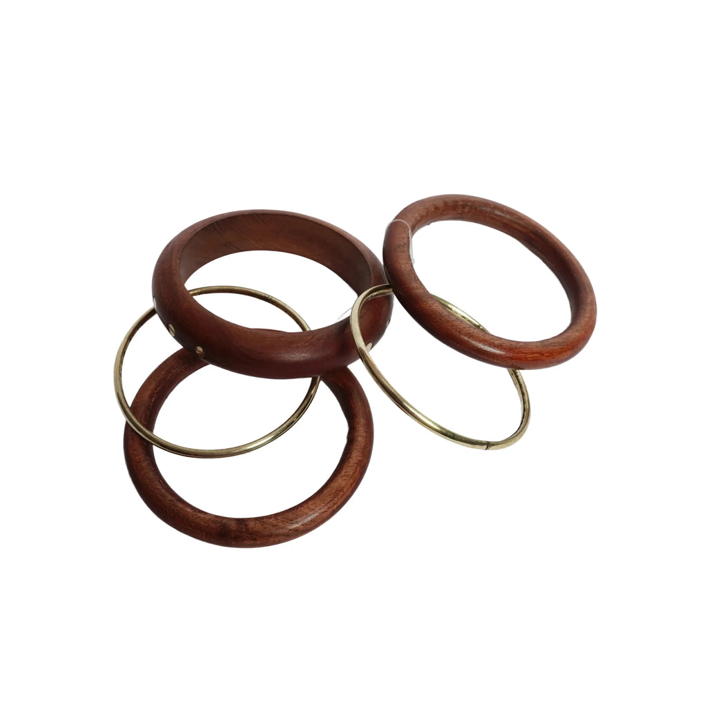 Handmade Wooden Bangle Bracelet Set for Women - Natural Dark Sheesham Wood & Brass Accents Bohemian Ethnic Jewelry, Set of 3 wooden kada & 2 brass chudi