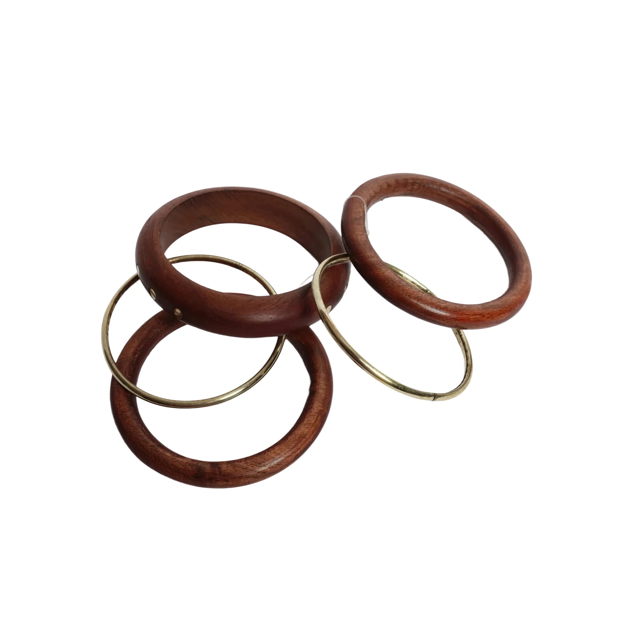 Handmade Wooden Bangle Bracelet Set for Women - Natural Dark Sheesham Wood & Brass Accents Bohemian Ethnic Jewelry, Set of 3 wooden kada & 2 brass chudi