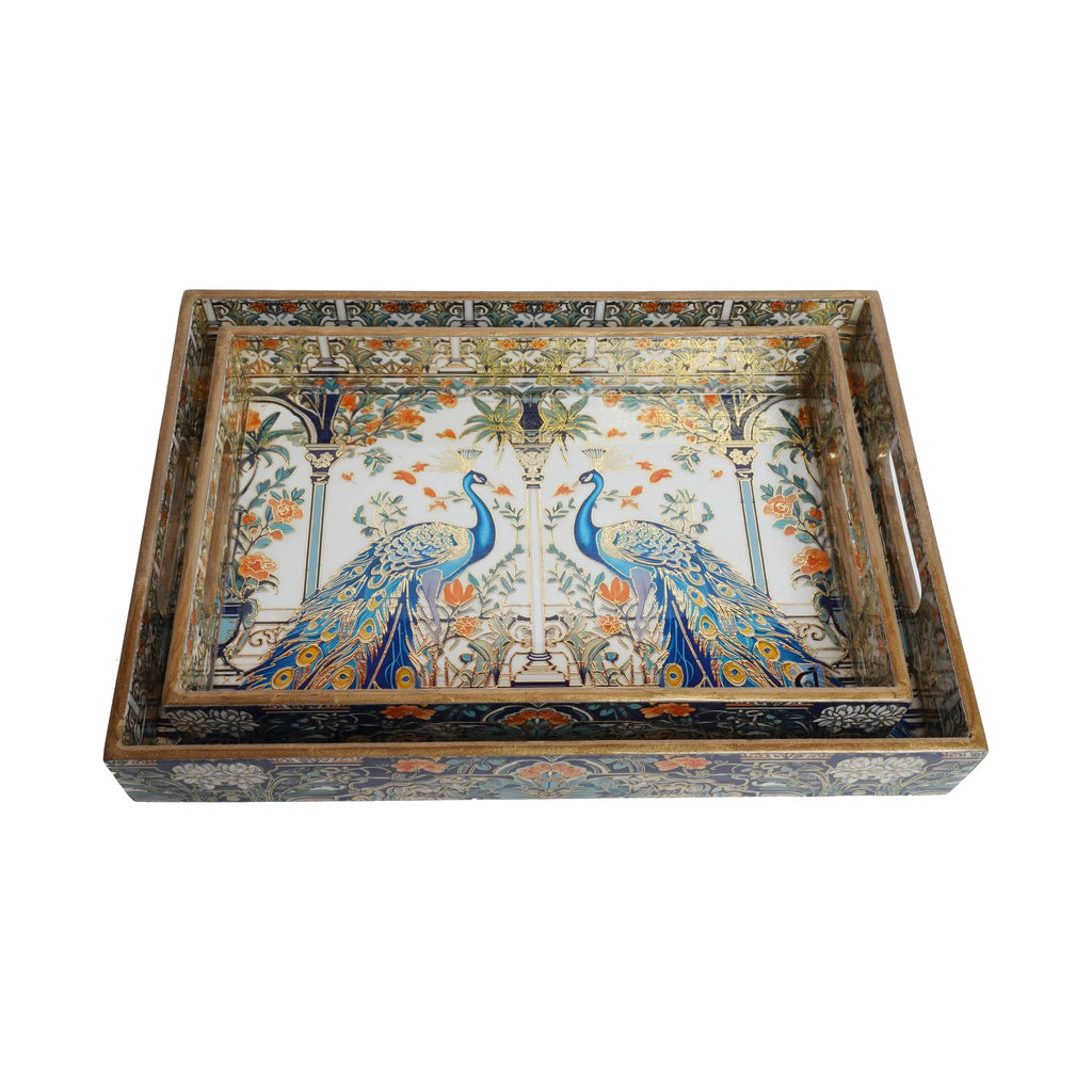 Wooden Royal Blue Peocoke Serving Tray Set of 2 with Gold Engraving  (Rectangle)