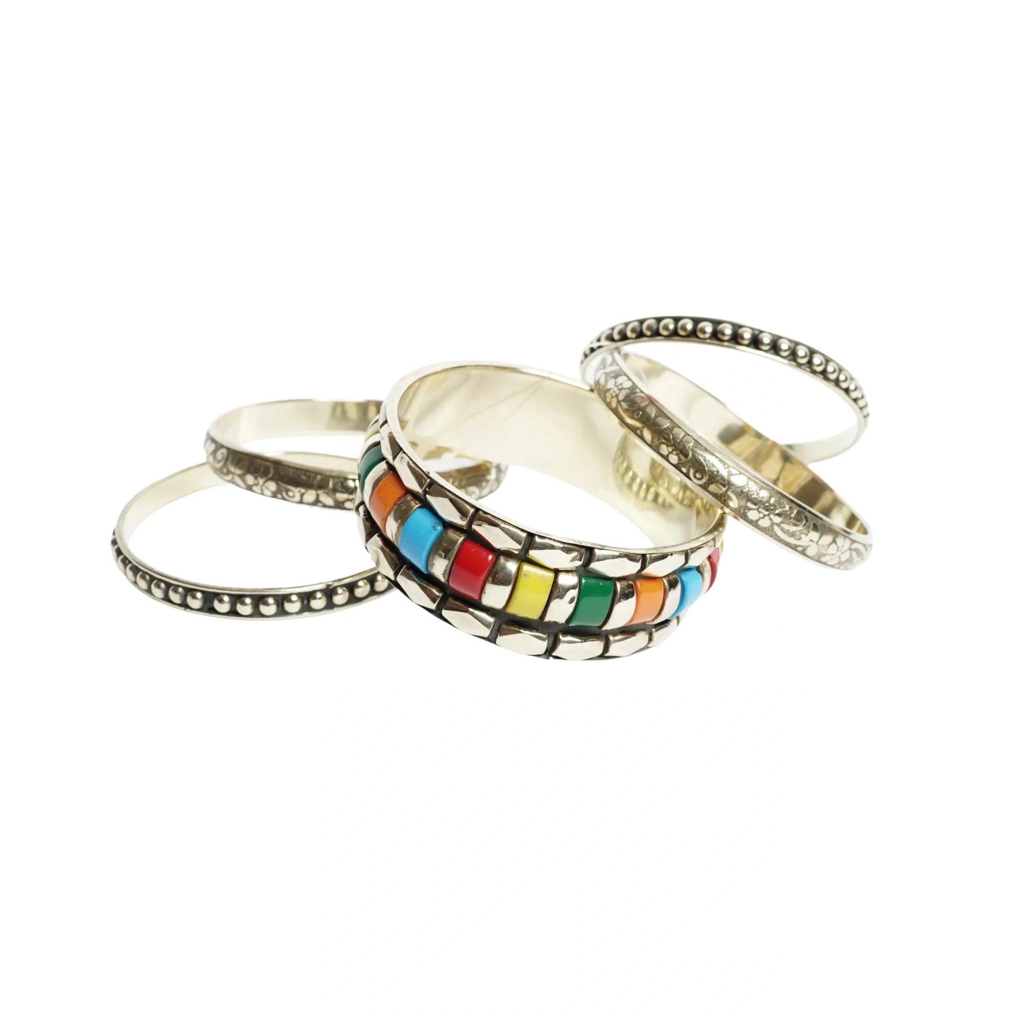 Vintage multicolor inlaid bangles bracelet set for women - handicraft metal resin & brass bracelet 1 kada & 4 chudi, traditional indian bohemian fashion jewellery, pack of 5