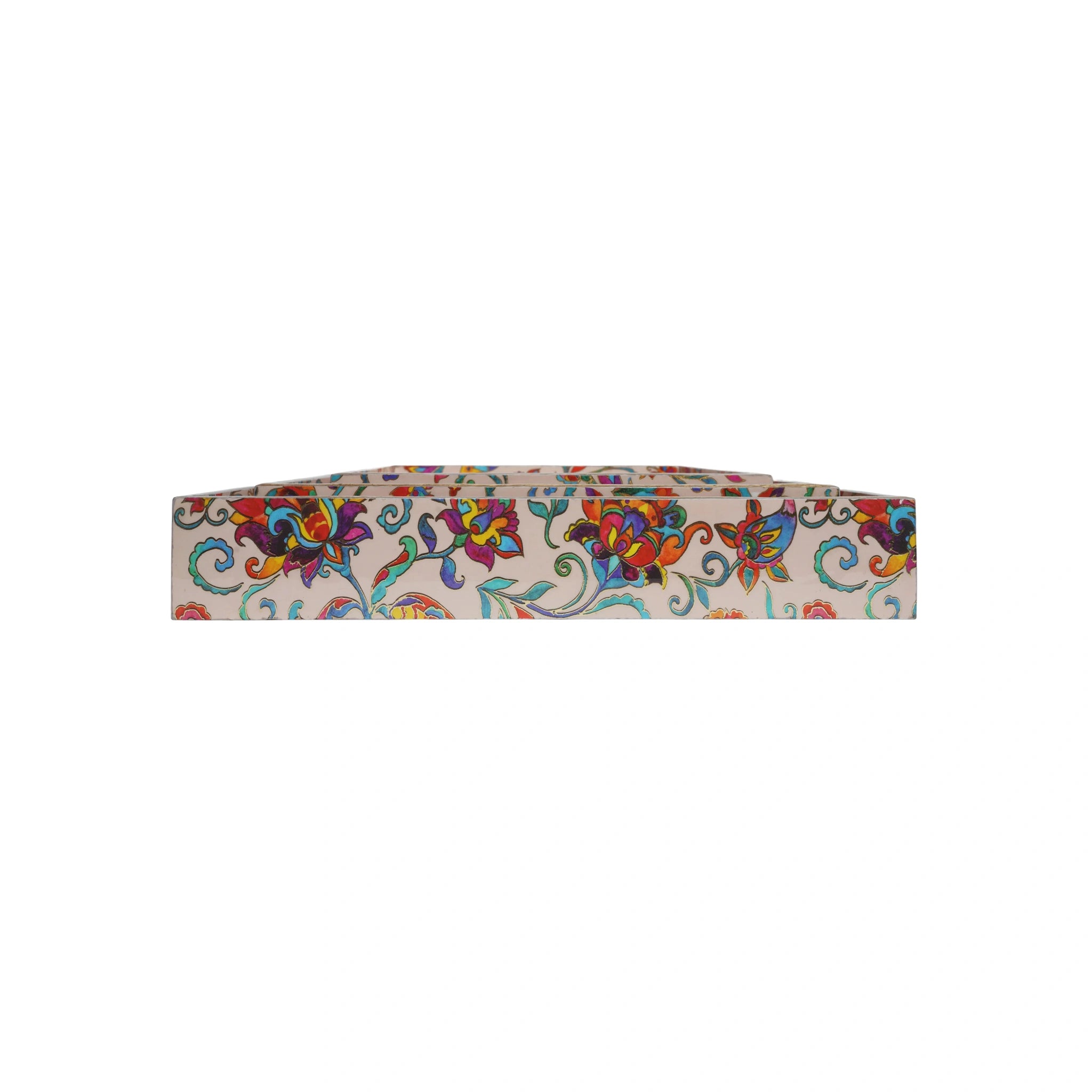 Wooden Kalamkari Floral Serving Tray  Set of 3  (Rectangle)