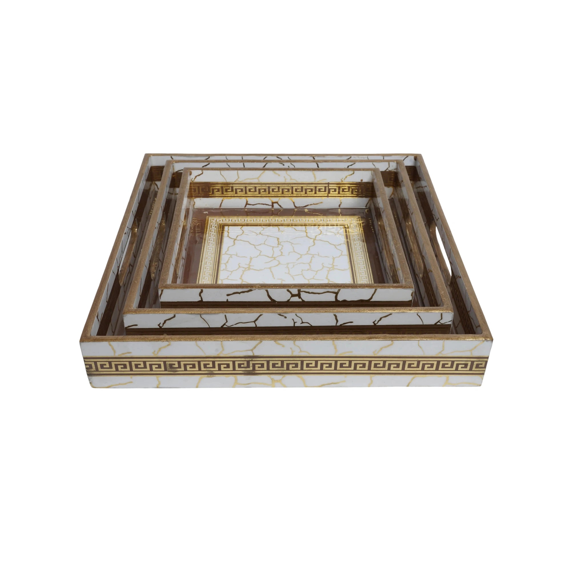 Wooden  Marble With Traditional  golden Frame Serving Tray Set with Gold Engraving Set of 3 (Rectangle)