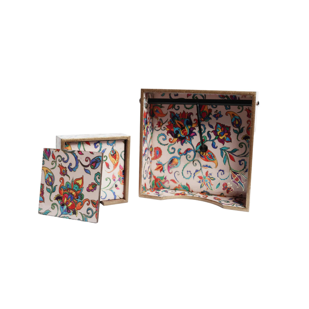 Wooden Kalamkari Floral Digital Printed Weight Tissue Napkin Holder+Wooden Squre Coaster Set of 6with Holder