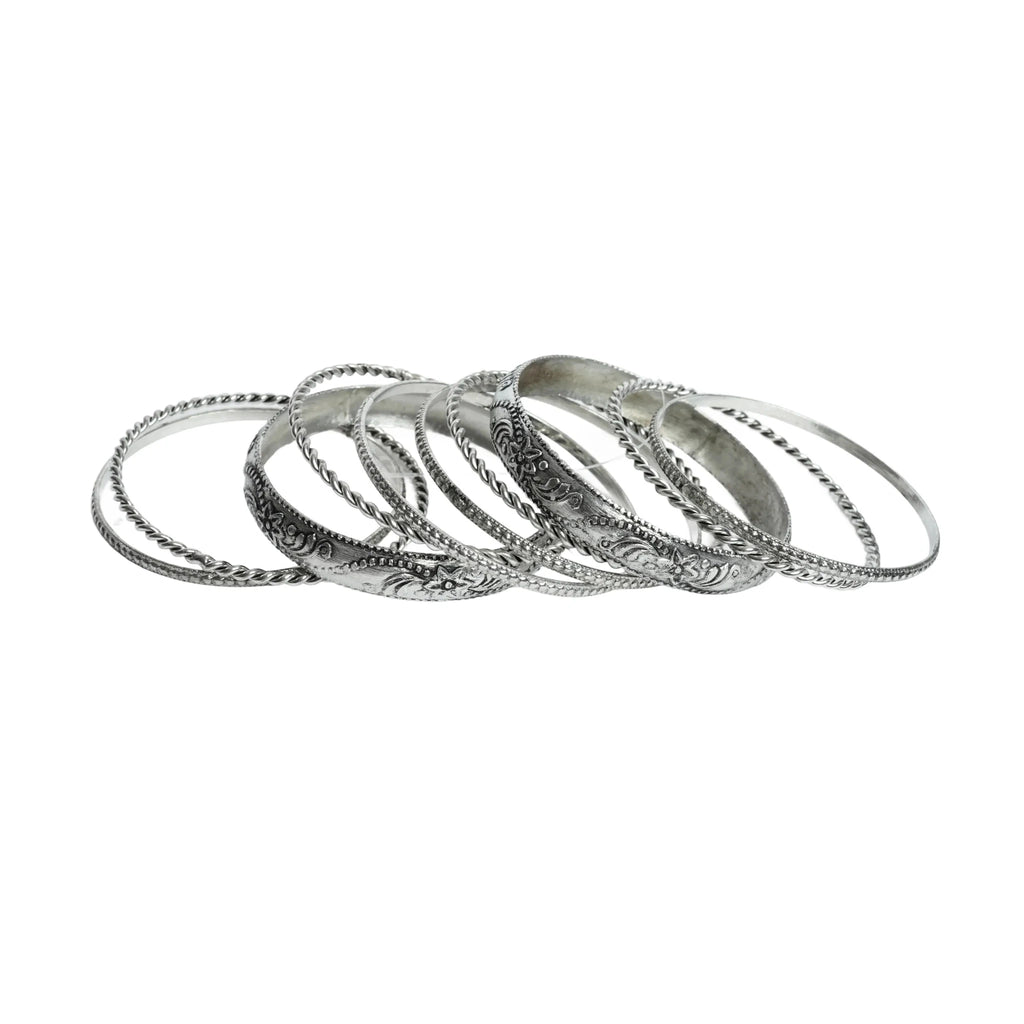 Women's oxidized silver tone floral engraved and rope twist stackable bangle bracelet set ethnic boho antique style fashion jewelry set of 8 pieces