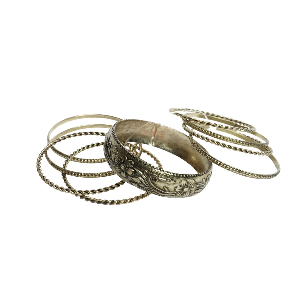 Gold-tone brass metal black oxide & wood burnished aztec boho bangle set for women & girls - 1 kada & 6 chudi, vintage engraved stackable ethnic jewellery