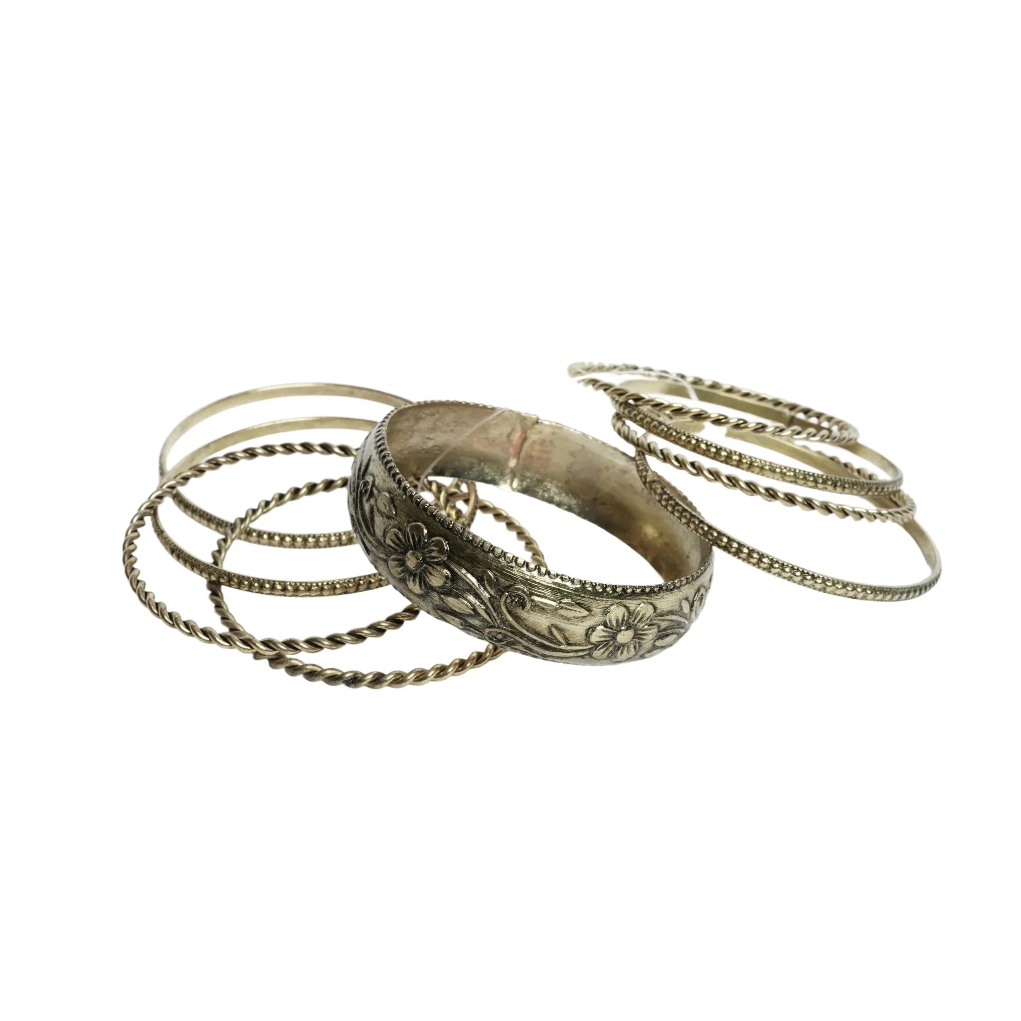 Gold-tone brass metal black oxide & wood burnished aztec boho bangle set for women & girls - 1 kada & 6 chudi, vintage engraved stackable ethnic jewellery