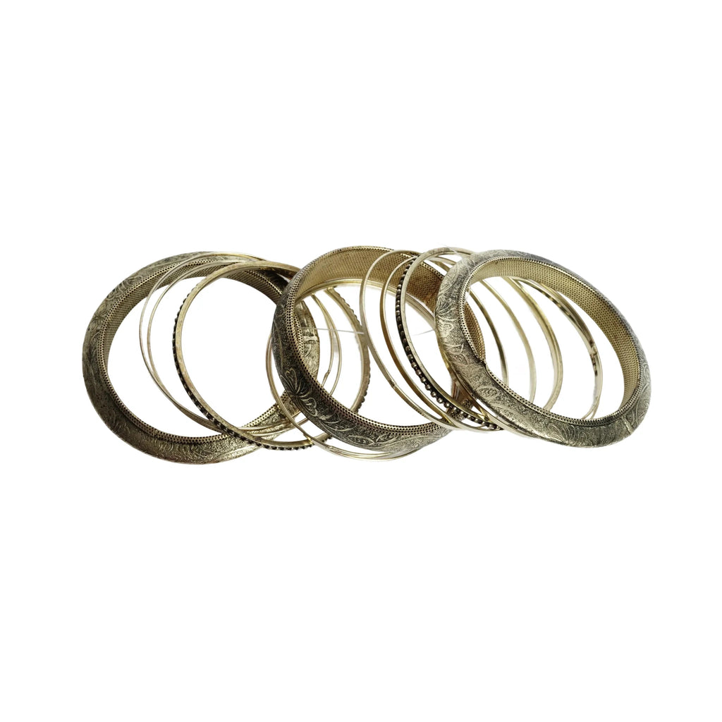 Gold-tone brass metal black oxide & wood burnished aztec boho bangle set for women & girls - 1 kada & 6 chudi, vintage engraved stackable ethnic jewellery