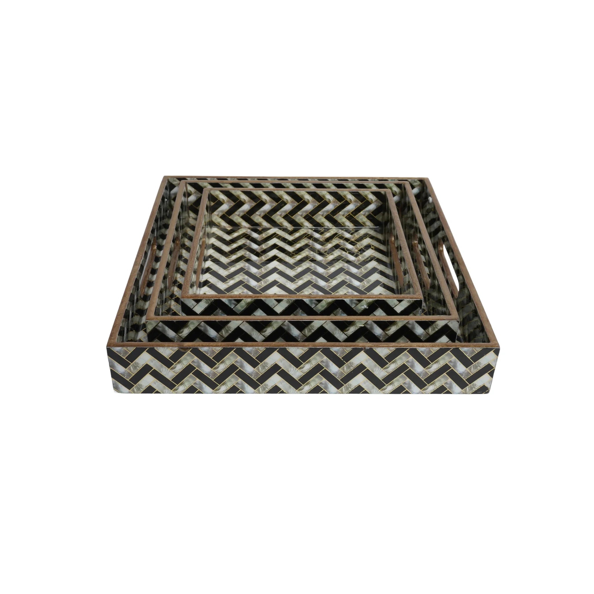 Wooden Zig-Zag V Shape Serving Tray with Gold Engraving | Set of 3 - (Square)