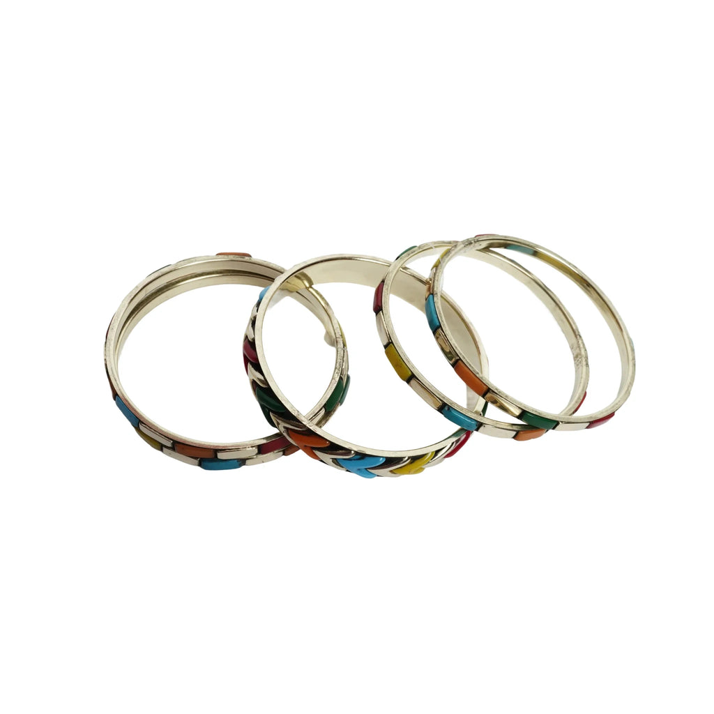 Women's multicolor enamel chevron and tile pattern stackable bangle bracelet set silver tone boho fashion jewelry set