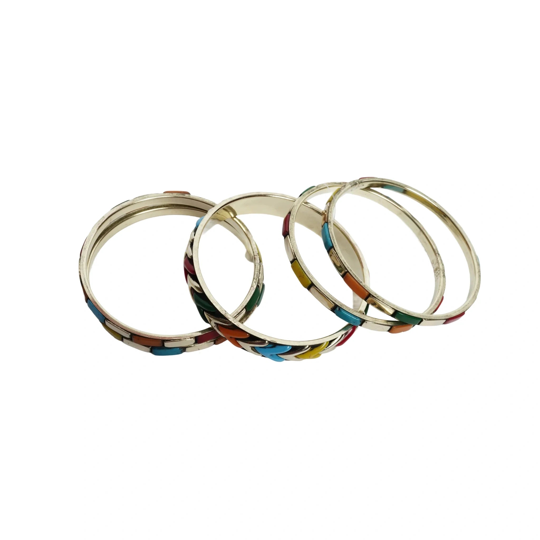 Women's multicolor enamel chevron and tile pattern stackable bangle bracelet set silver tone boho fashion jewelry set