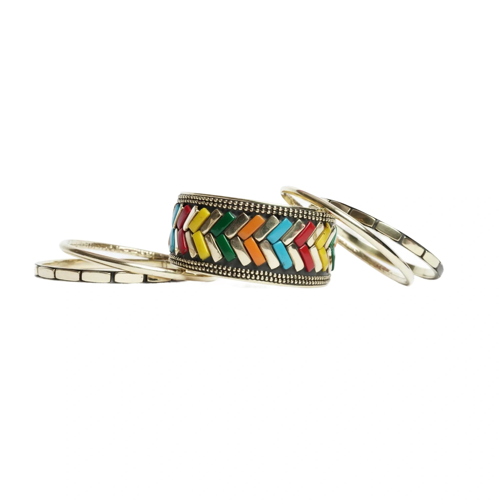 Multicolor Enamel Triangle Pattern Bangle Bracelet Set Gold Tone Stackable Bangles for Women Set