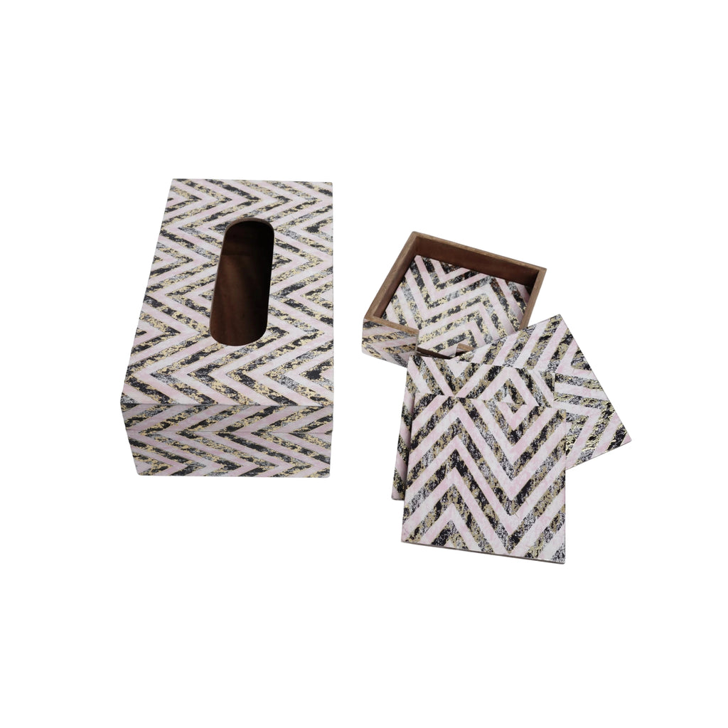 Wooden Zig -Zag Pink & BlackTissue Paper Box +Wooden Coaster Set  of 6 with Holder