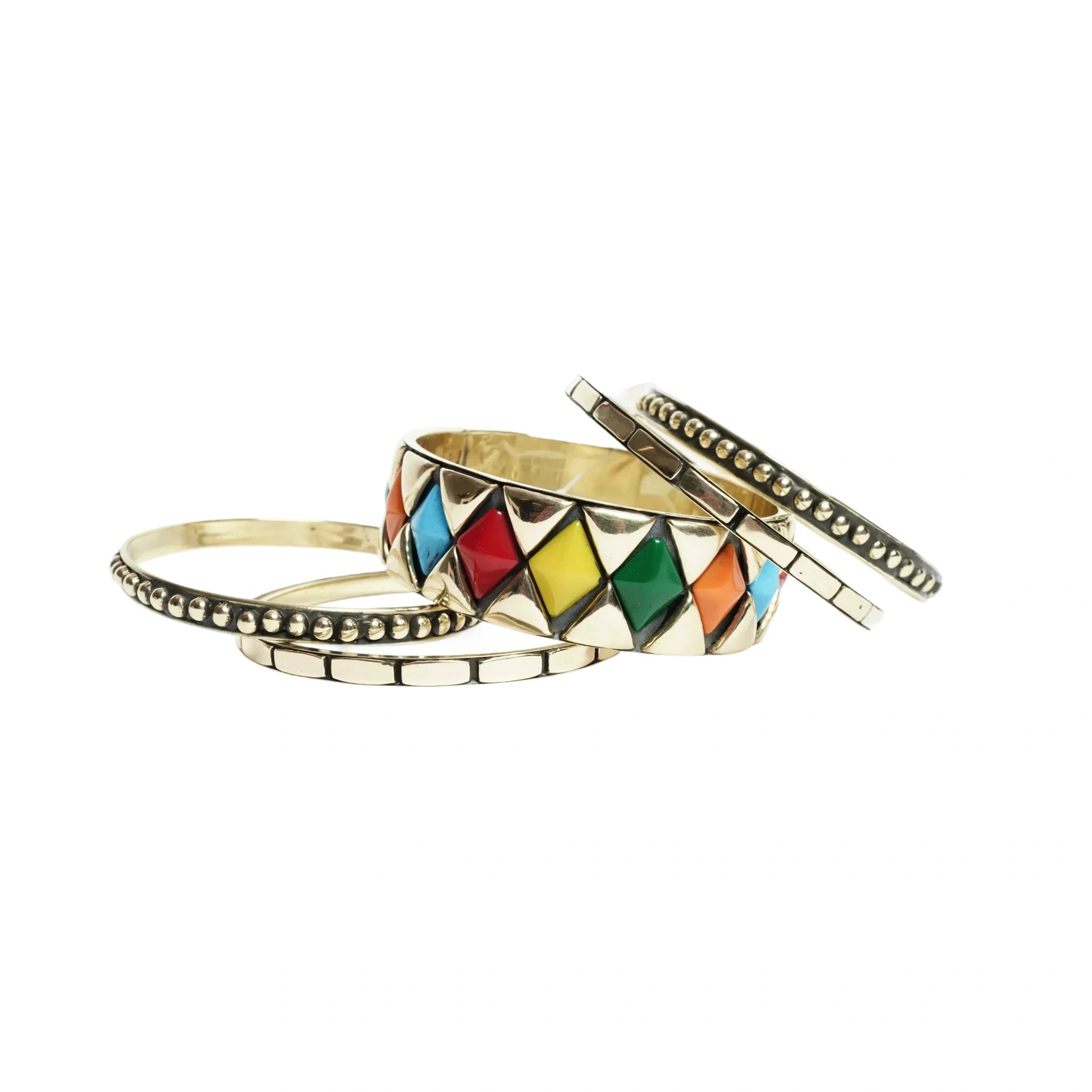 Multicolor Enamel Diamond Pattern Bangle Bracelet Set Gold Tone Stackable Bangles for Women