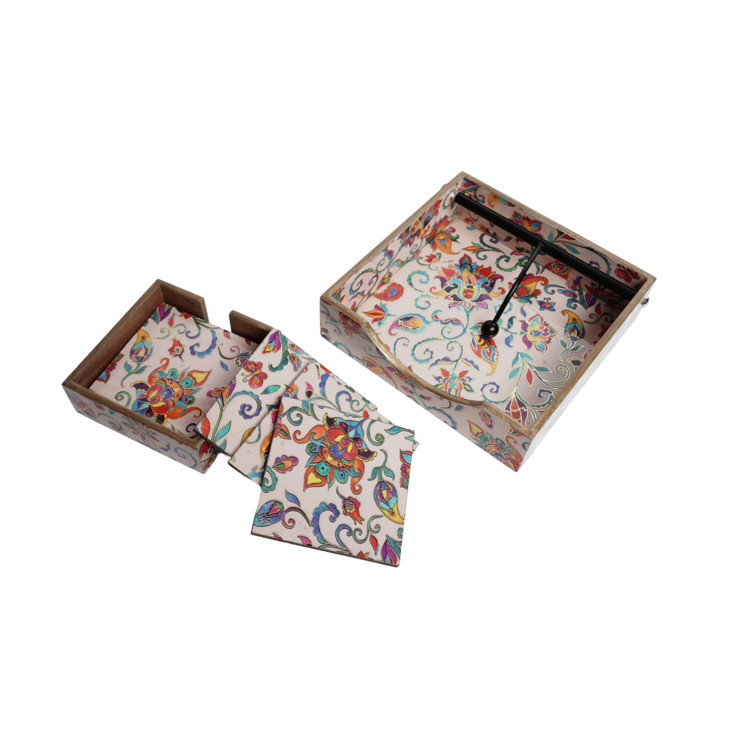 Wooden Kalamkari Floral Digital Printed Weight Tissue Napkin Holder+Wooden Squre Coaster Set of 6with Holder